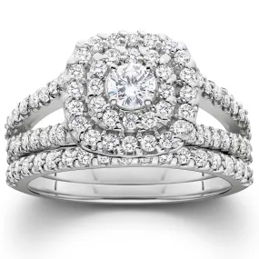 1 1/10ct Diamond Cushion Halo Engagement Wedding Ring Set Platinum