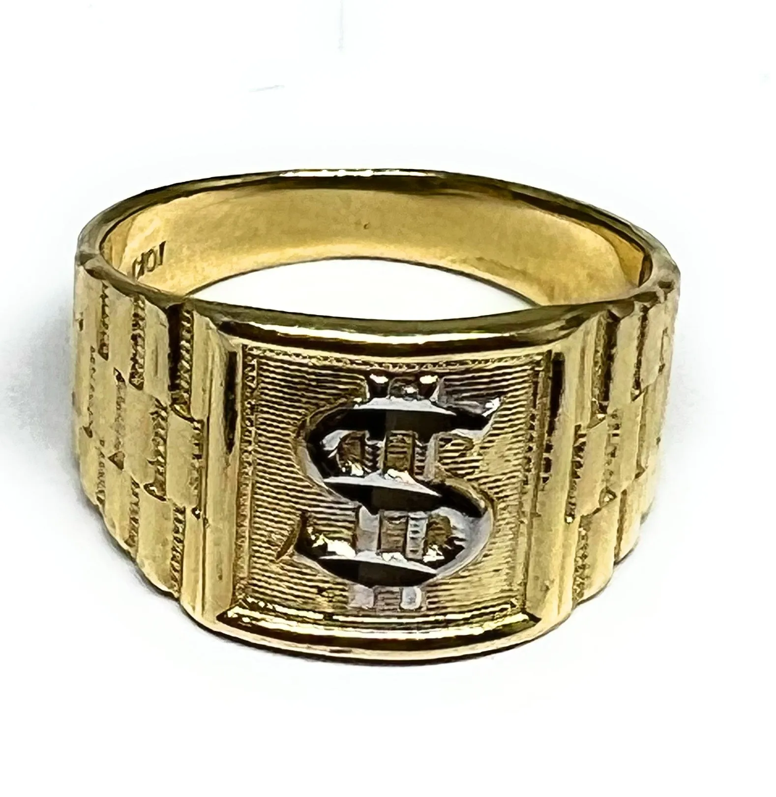 10k Solid Gold Yellow & White Gold Dollar Sign Money Ring