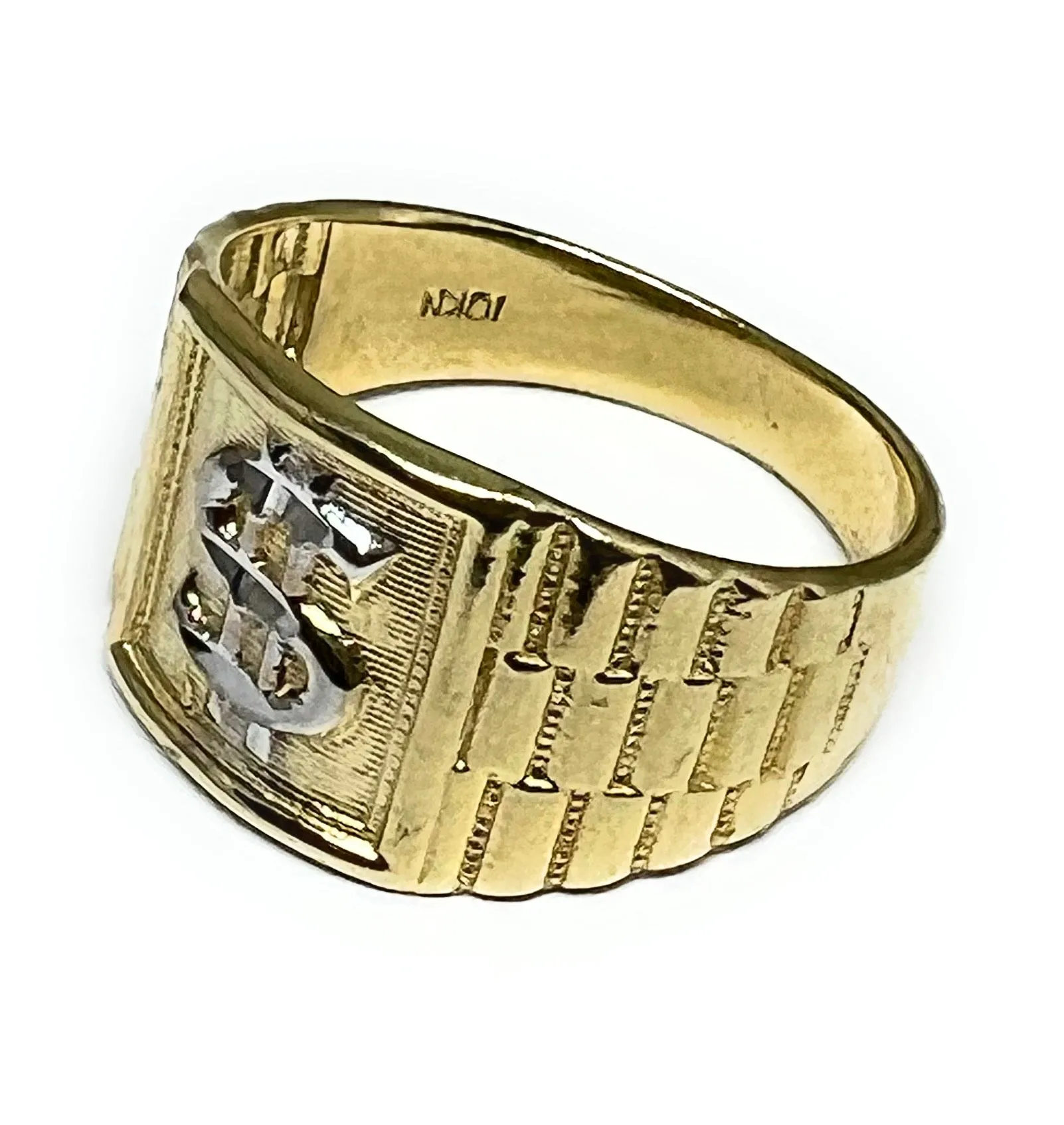 10k Solid Gold Yellow & White Gold Dollar Sign Money Ring