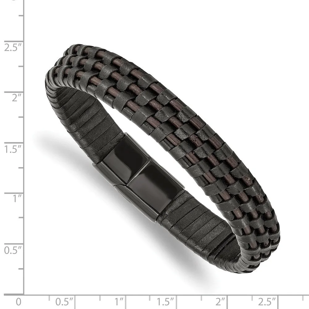 12mm Black Plated Stainless Steel Two Tone Leather Bracelet, 8.25 Inch