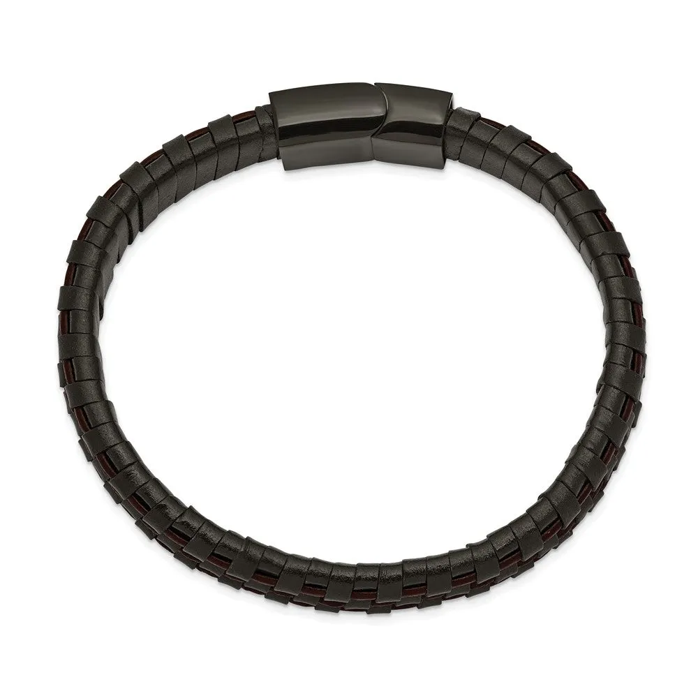 12mm Black Plated Stainless Steel Two Tone Leather Bracelet, 8.25 Inch