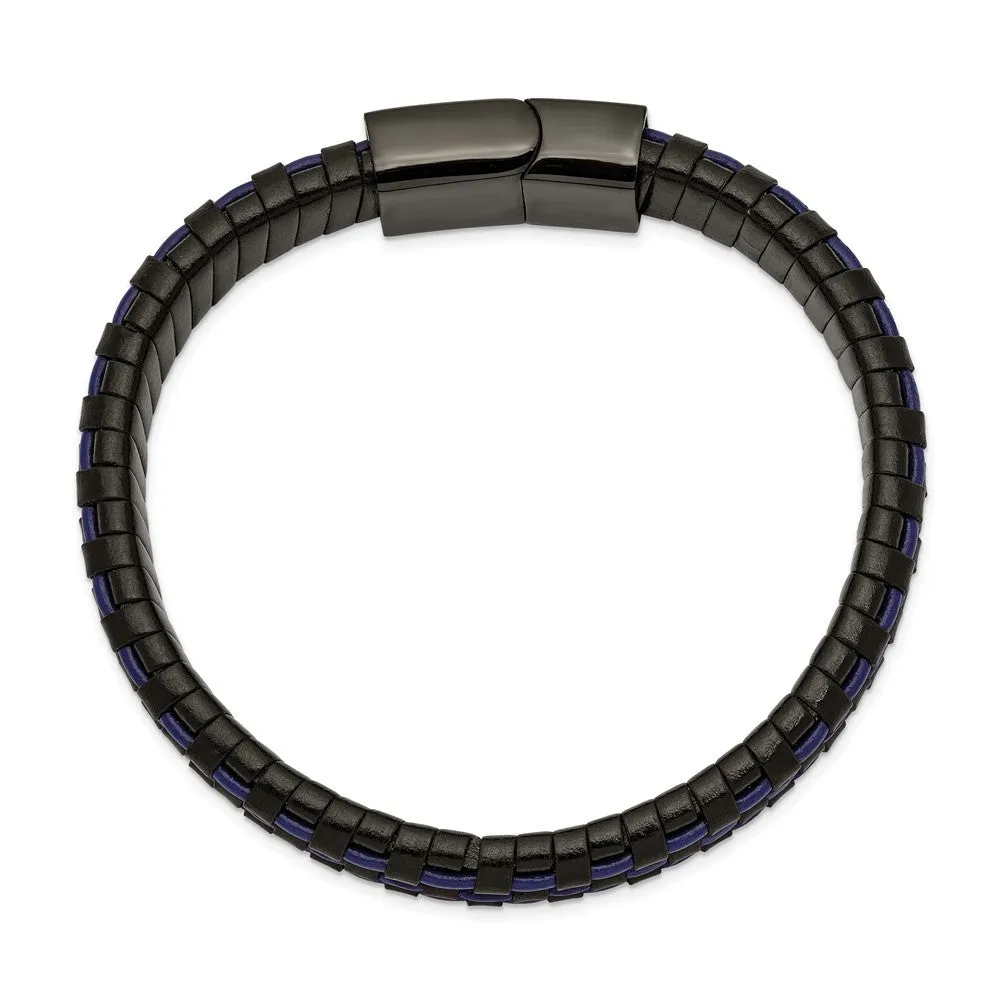 12mm Black Plated Stainless Steel Two Tone Leather Bracelet, 8.25 Inch