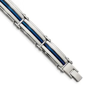 12mm Stainless Steel Polished & Blue Plated Link Bracelet, 8.5 Inch