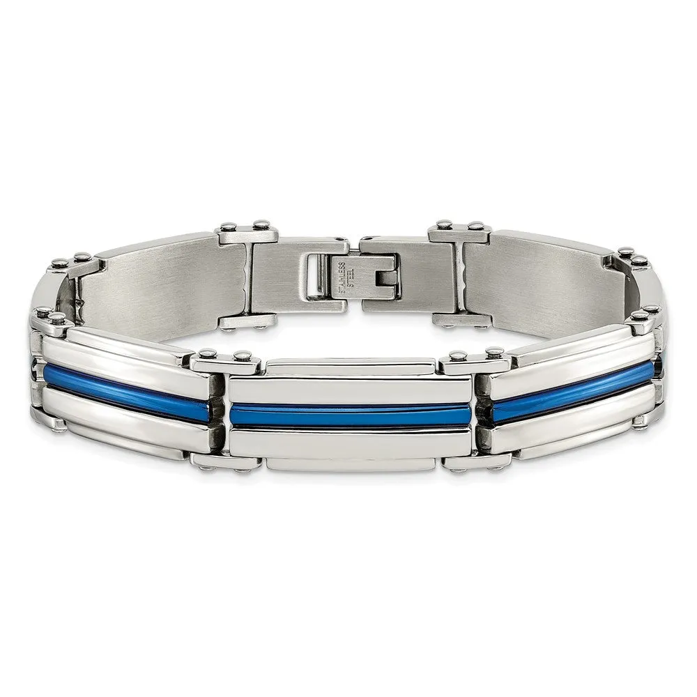 12mm Stainless Steel Polished & Blue Plated Link Bracelet, 8.5 Inch