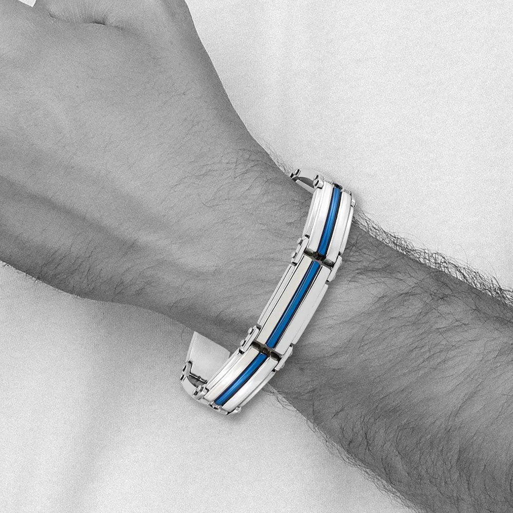 12mm Stainless Steel Polished & Blue Plated Link Bracelet, 8.5 Inch