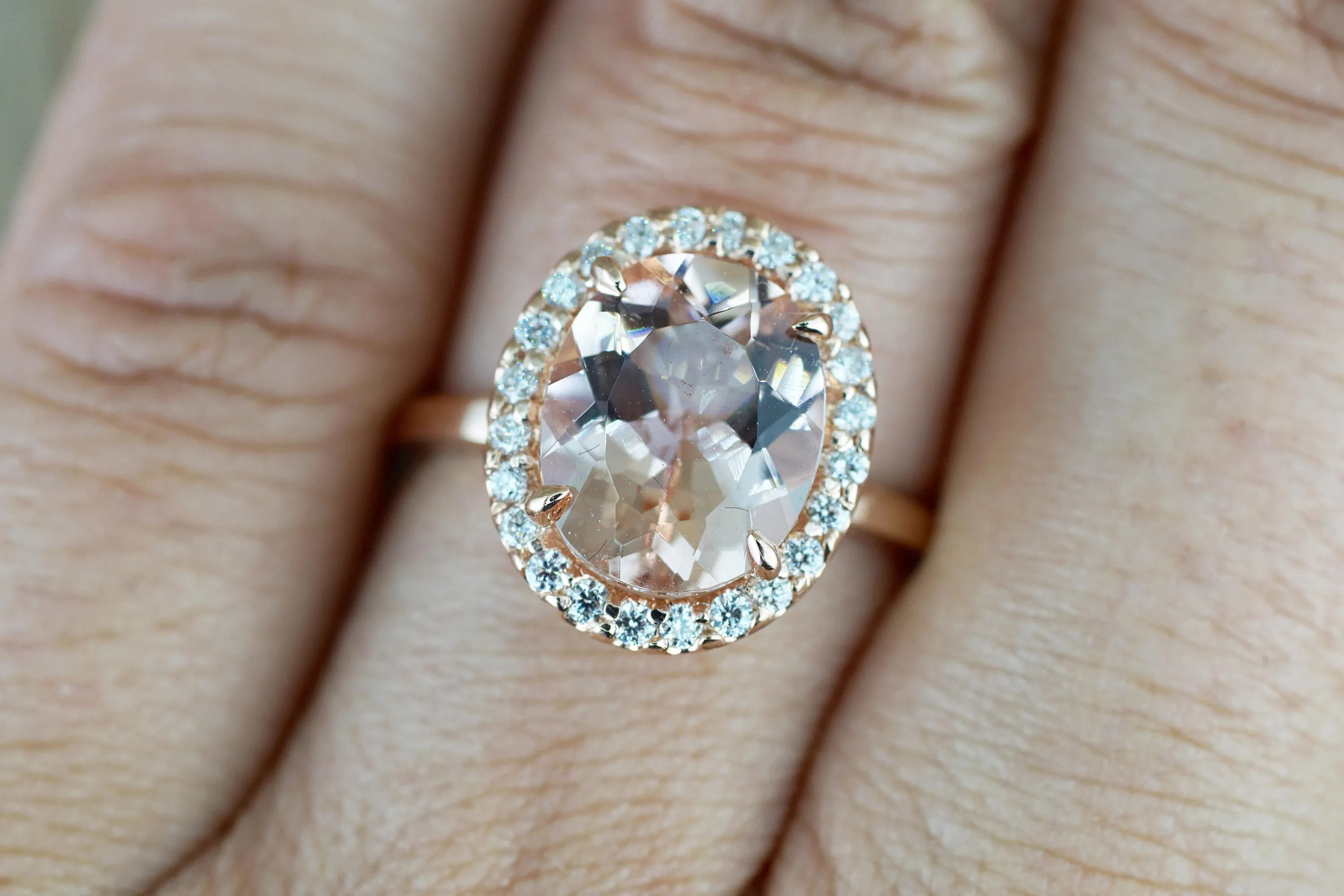 14k Rose Gold Elongated Oval Pink Peach Morganite Diamond Halo Engagement Promise Ring Rope Bead Vintage