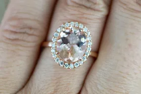 14k Rose Gold Elongated Oval Pink Peach Morganite Diamond Halo Engagement Promise Ring Rope Bead Vintage