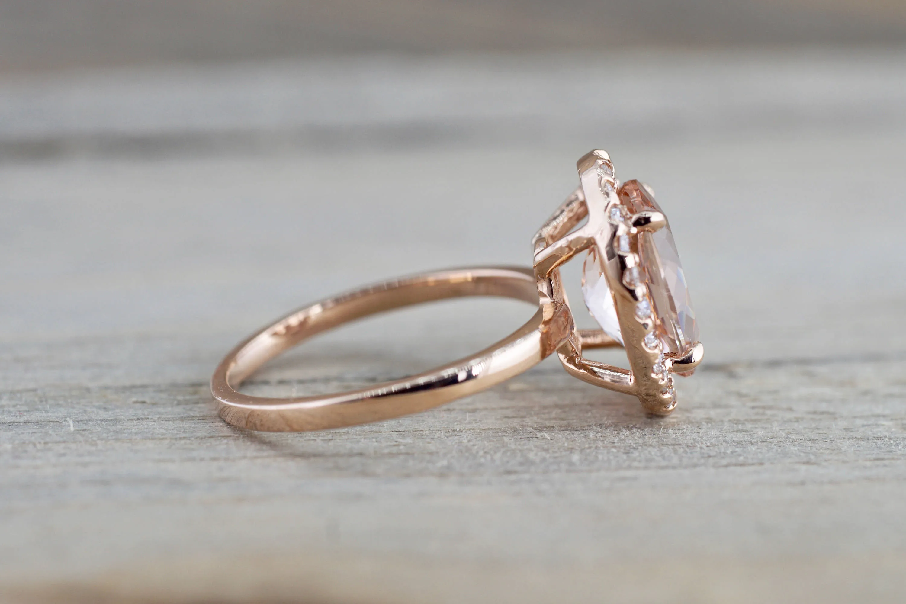 14k Rose Gold Elongated Oval Pink Peach Morganite Diamond Halo Engagement Promise Ring Rope Bead Vintage