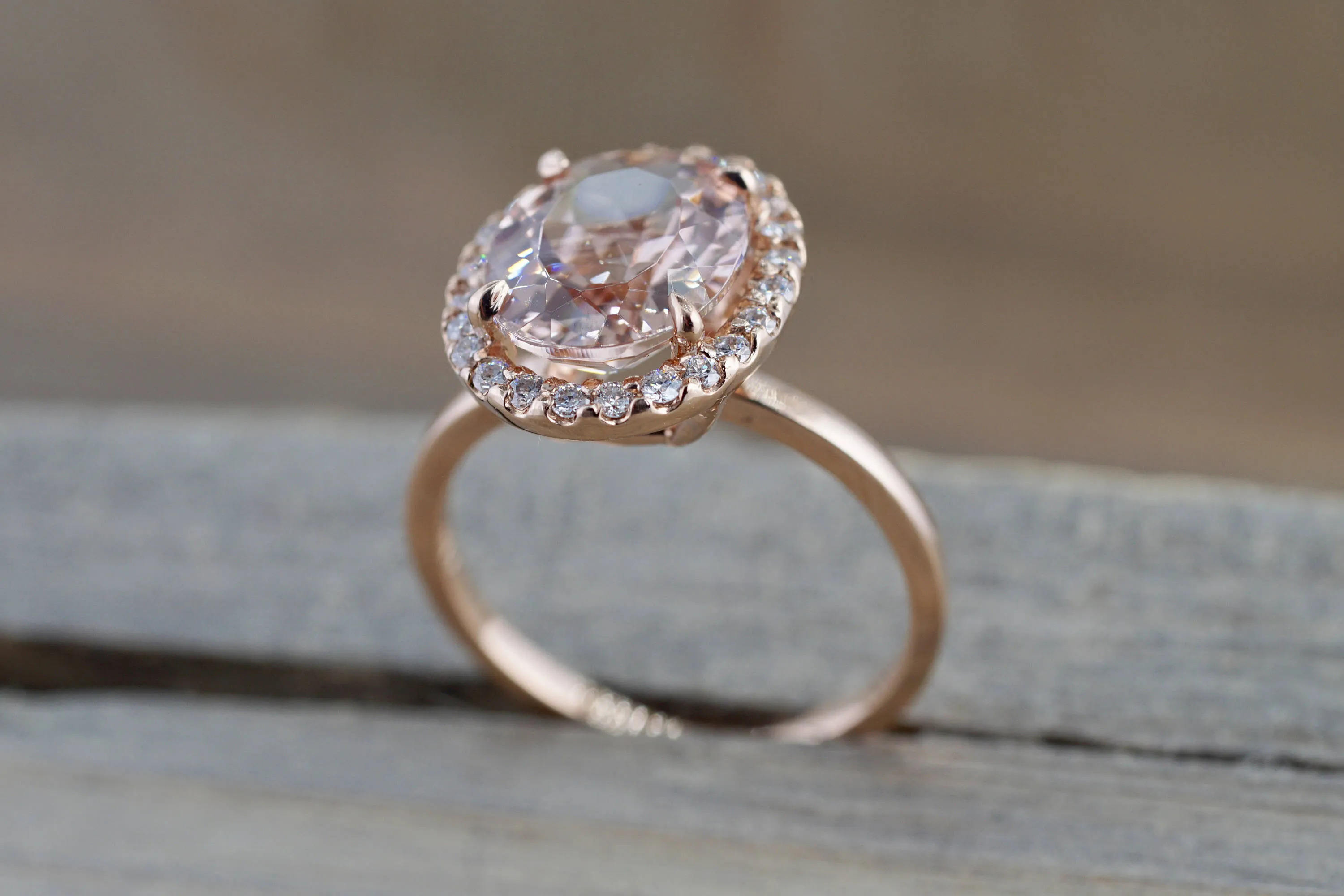 14k Rose Gold Elongated Oval Pink Peach Morganite Diamond Halo Engagement Promise Ring Rope Bead Vintage