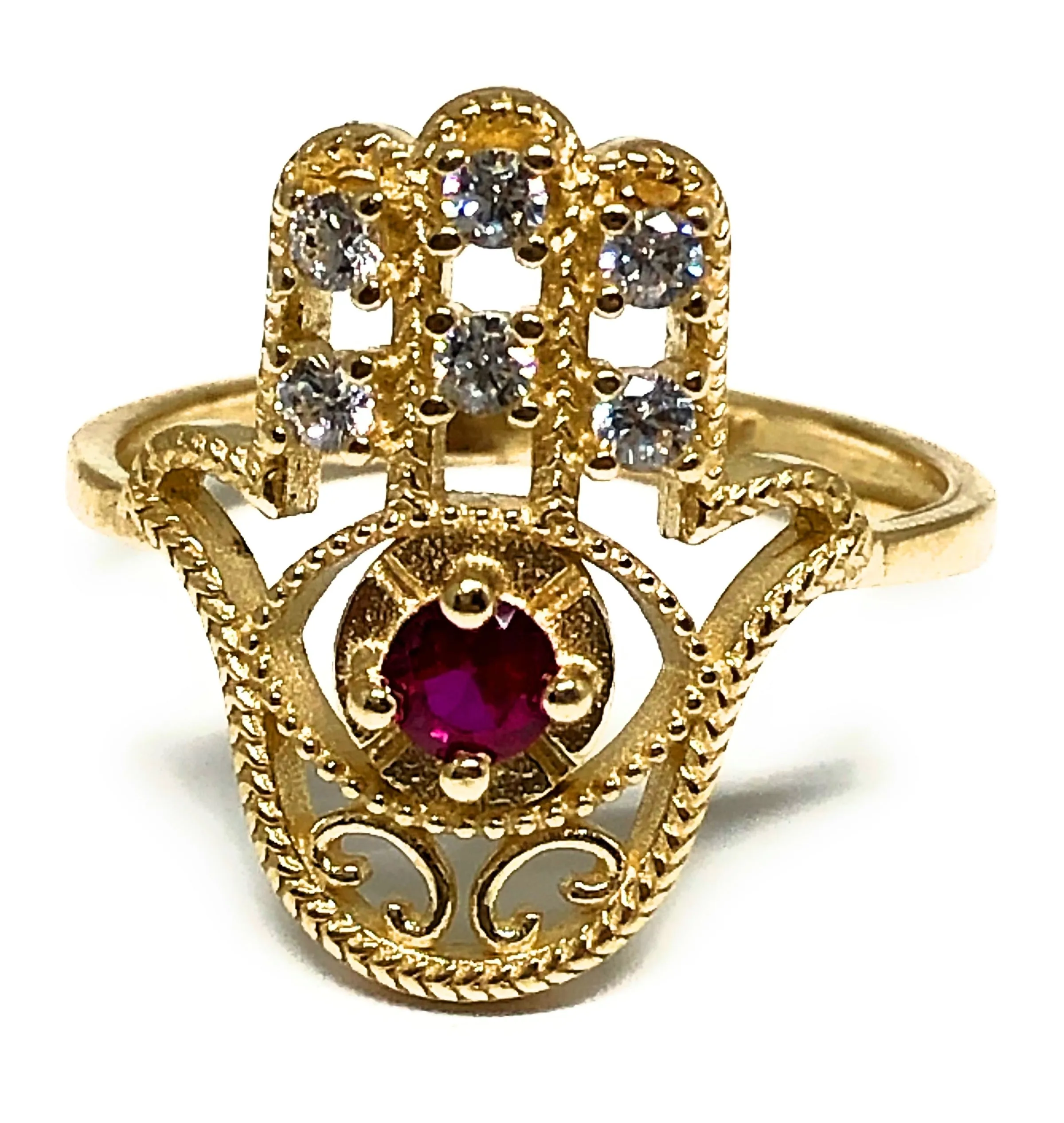 14k Solid Gold HAMSA HAND RED CZ Ring