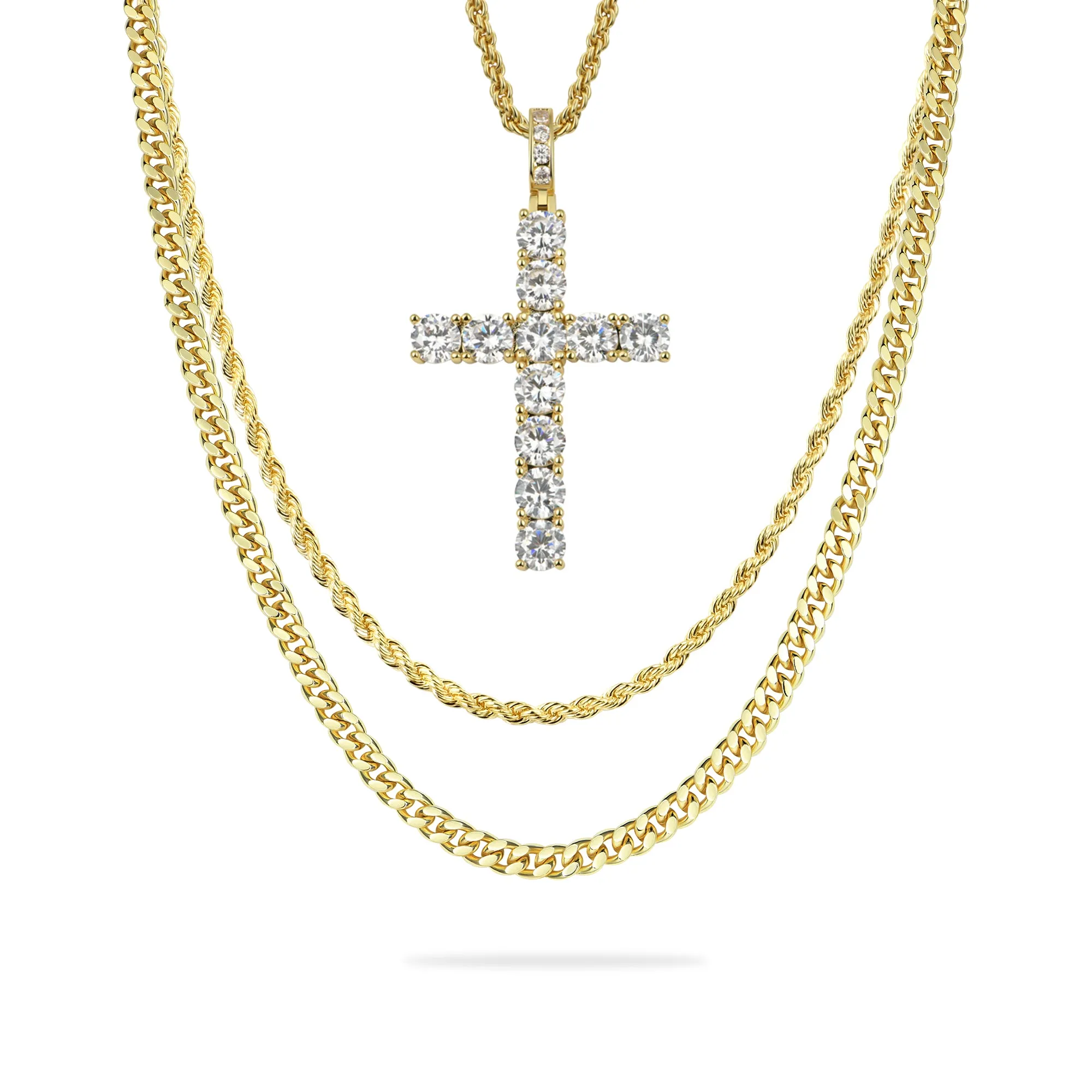 2.5mm Rope Chain + 3.5mm Cuban Link Chain + Cross Pendant Gift Set