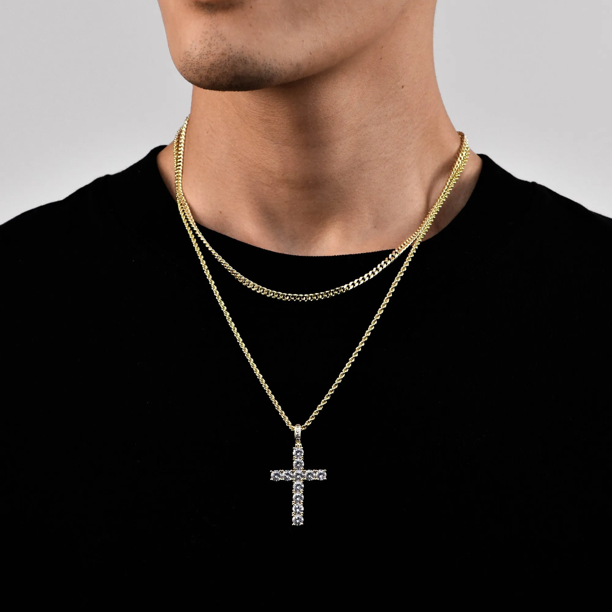 2.5mm Rope Chain + 3.5mm Cuban Link Chain + Cross Pendant Gift Set