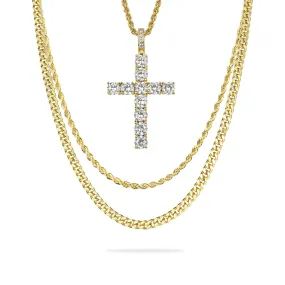 2.5mm Rope Chain + 3.5mm Cuban Link Chain + Cross Pendant Gift Set