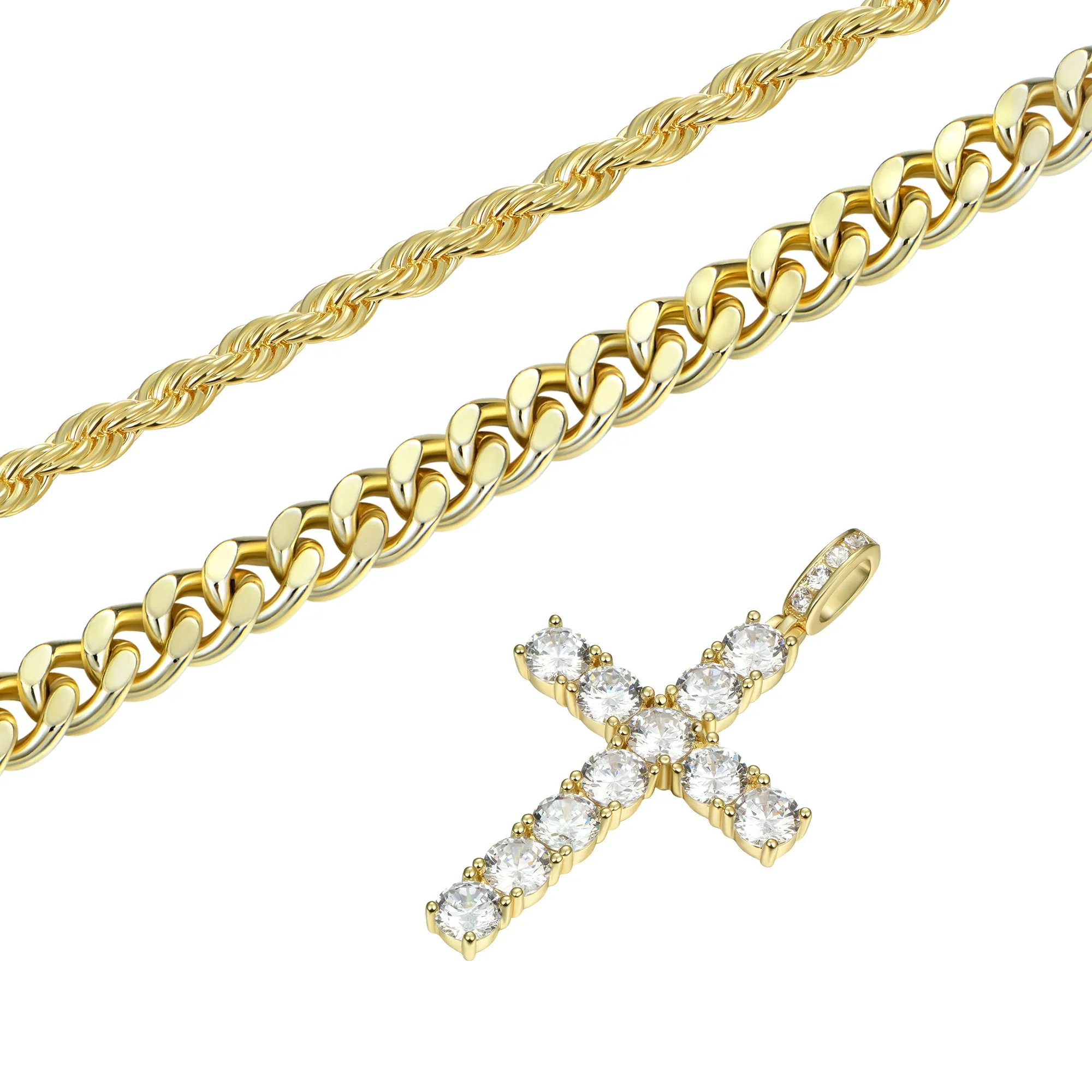 2.5mm Rope Chain + 3.5mm Cuban Link Chain + Cross Pendant Gift Set