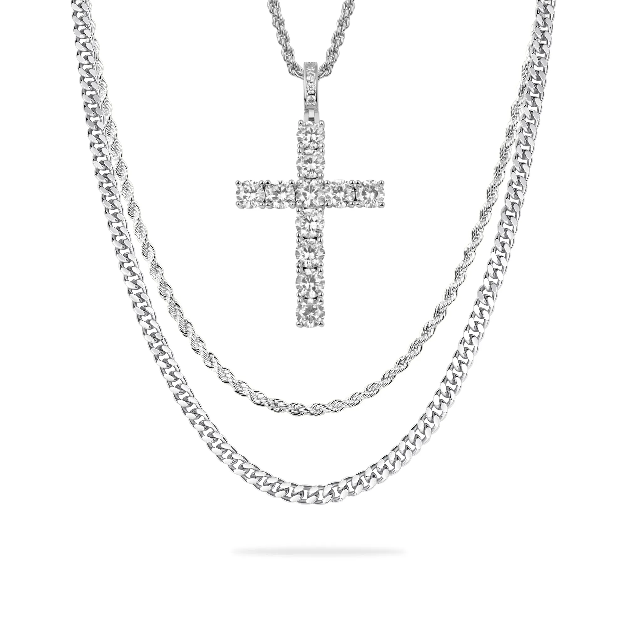 2.5mm Rope Chain + 3.5mm Cuban Link Chain + Cross Pendant Gift Set