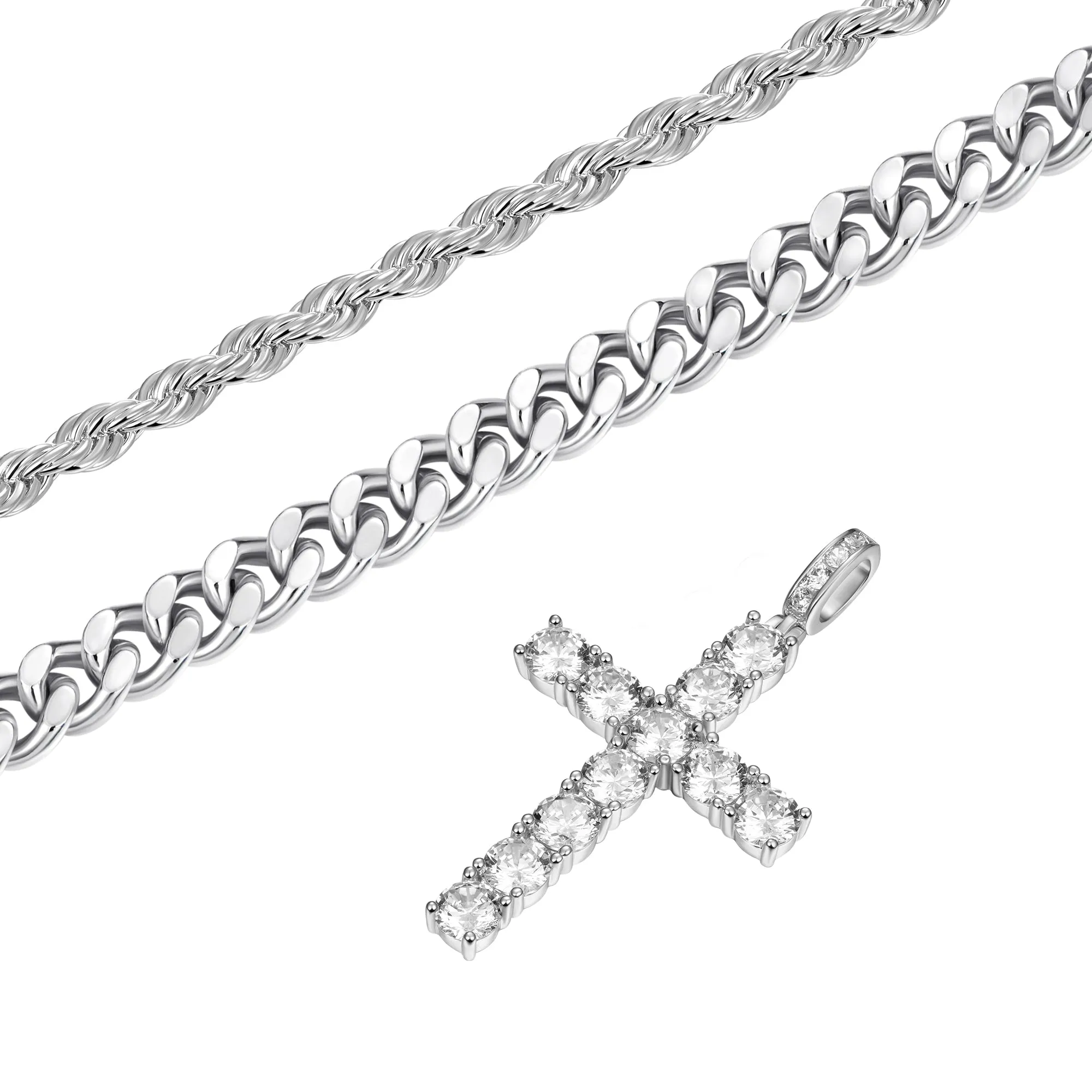 2.5mm Rope Chain + 3.5mm Cuban Link Chain + Cross Pendant Gift Set