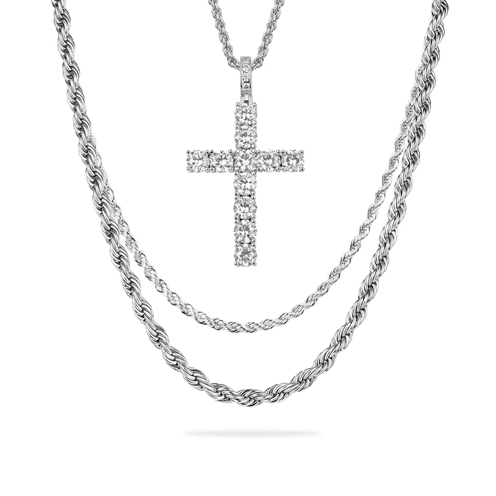 2.5mm Rope Chain + 4.5mm Rope Chain + Cross Pendant Gift Set