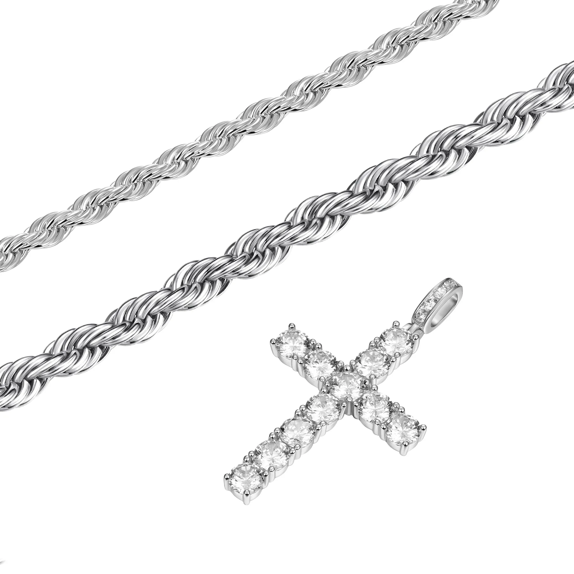 2.5mm Rope Chain + 4.5mm Rope Chain + Cross Pendant Gift Set