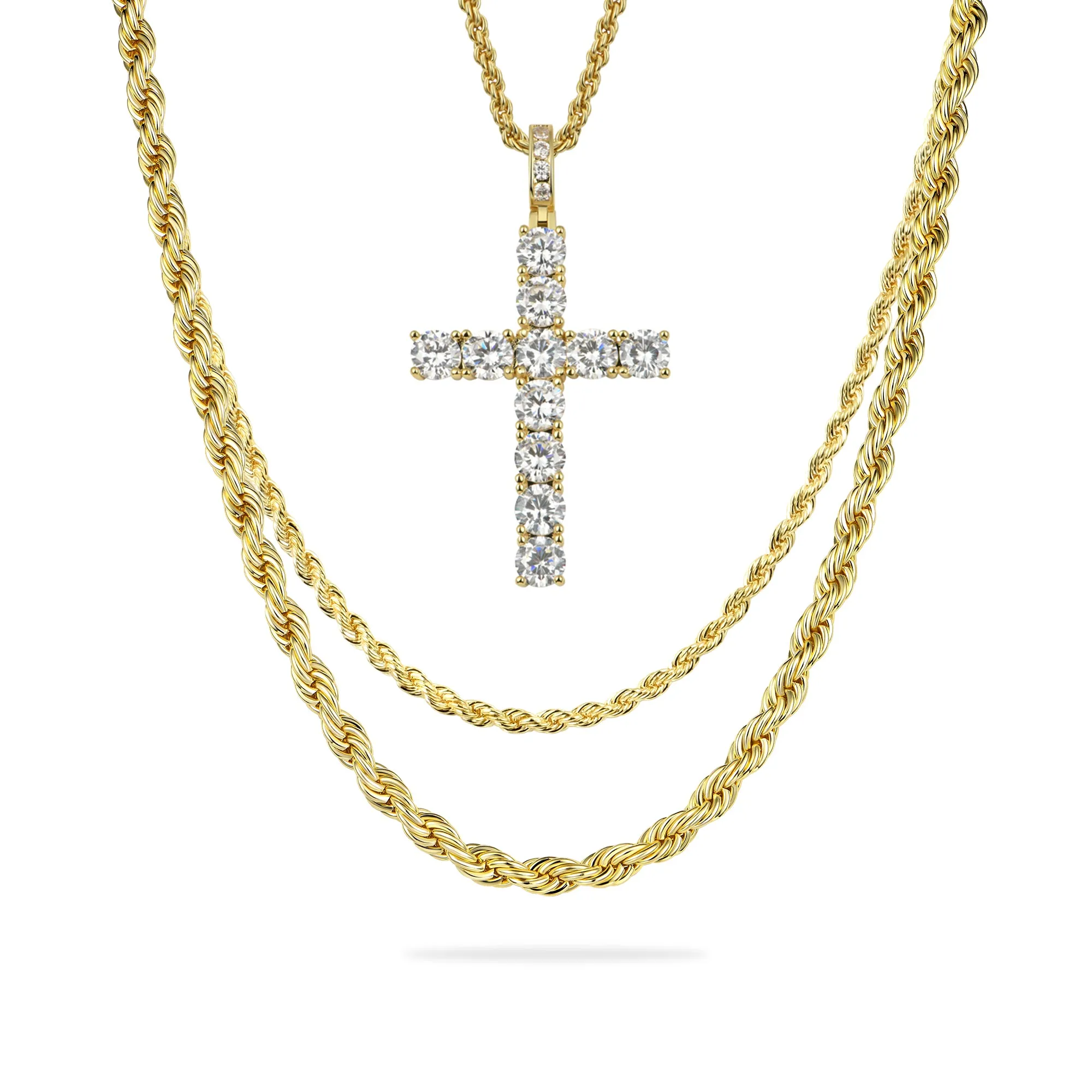 2.5mm Rope Chain + 4.5mm Rope Chain + Cross Pendant Gift Set