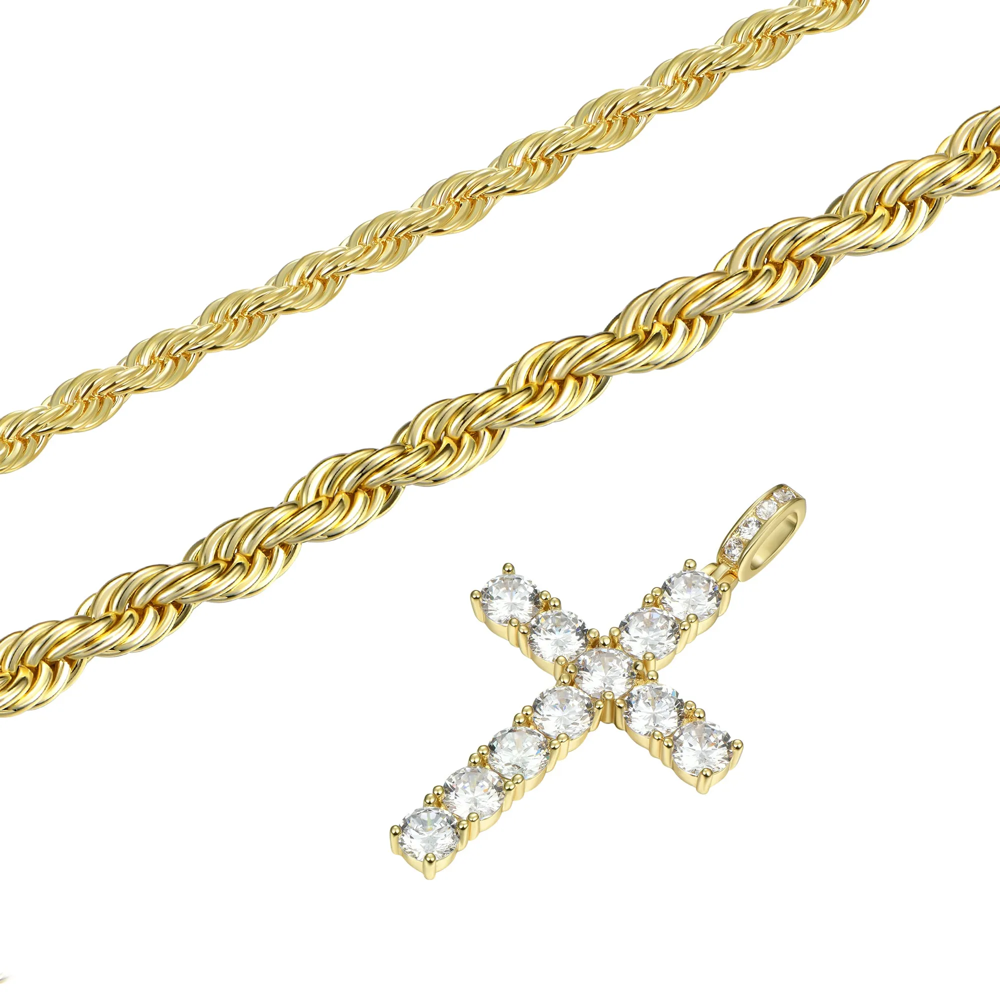 2.5mm Rope Chain + 4.5mm Rope Chain + Cross Pendant Gift Set