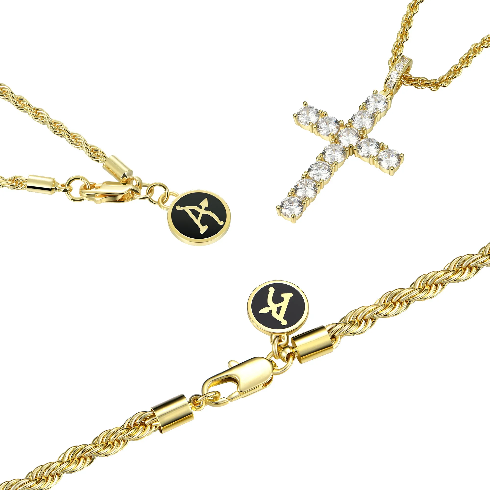 2.5mm Rope Chain + 4.5mm Rope Chain + Cross Pendant Gift Set