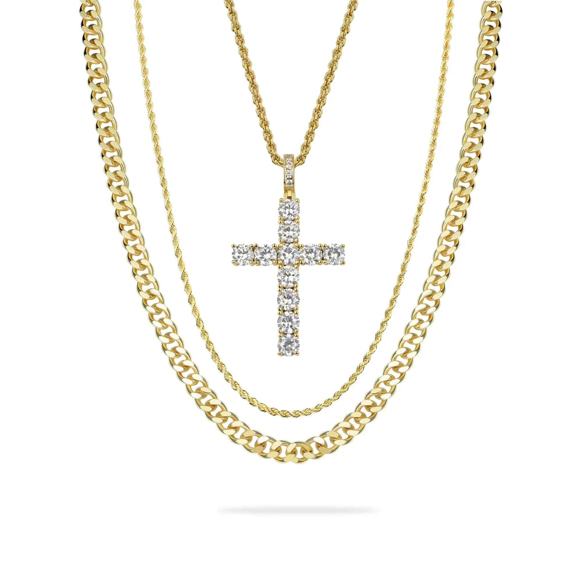 2.5mm Rope Chain + 5mm Cuban Link Chain + Cross Pendant Bundle