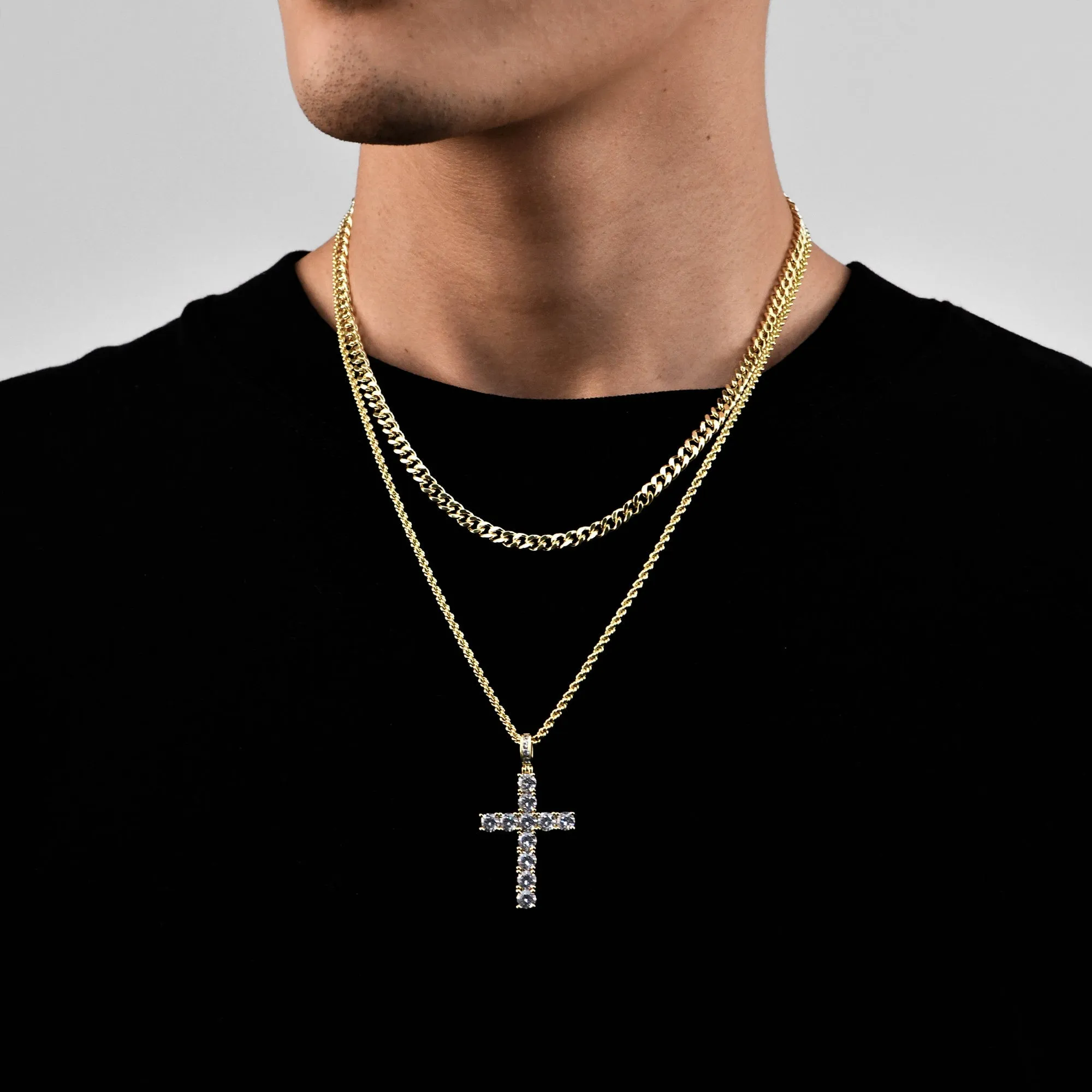 2.5mm Rope Chain + 5mm Cuban Link Chain + Cross Pendant Bundle