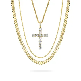 2.5mm Rope Chain + 5mm Cuban Link Chain + Cross Pendant Bundle