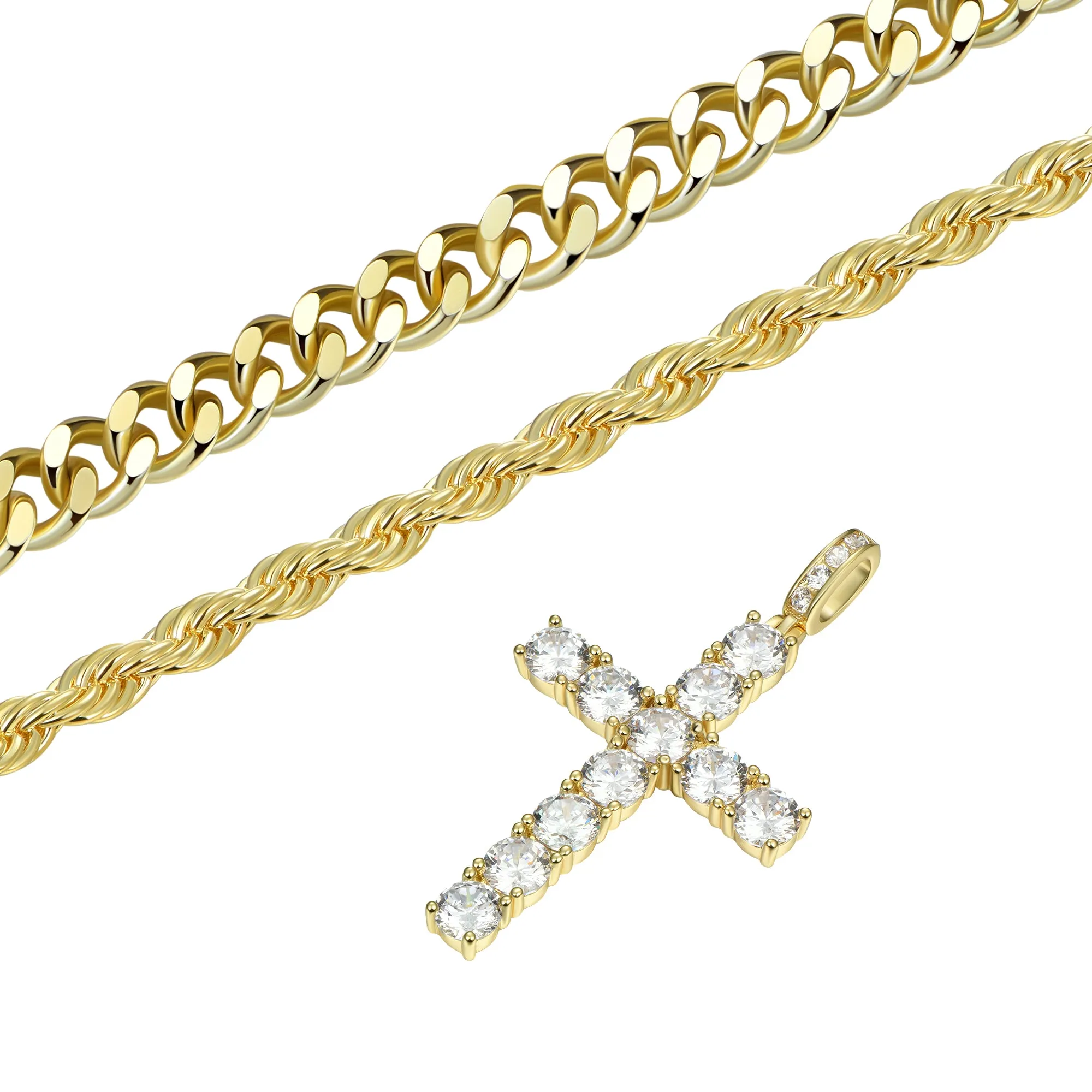 2.5mm Rope Chain + 5mm Cuban Link Chain + Cross Pendant Bundle