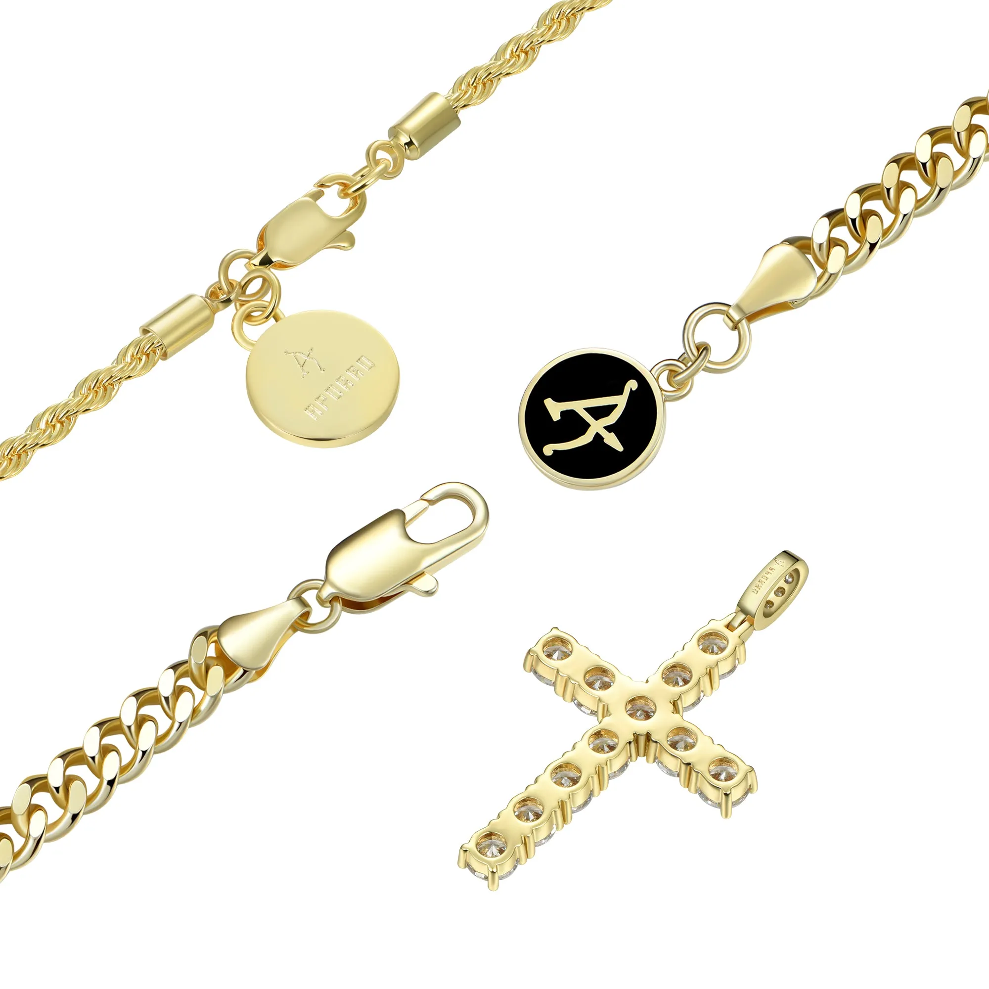 2.5mm Rope Chain + 5mm Cuban Link Chain + Cross Pendant Bundle