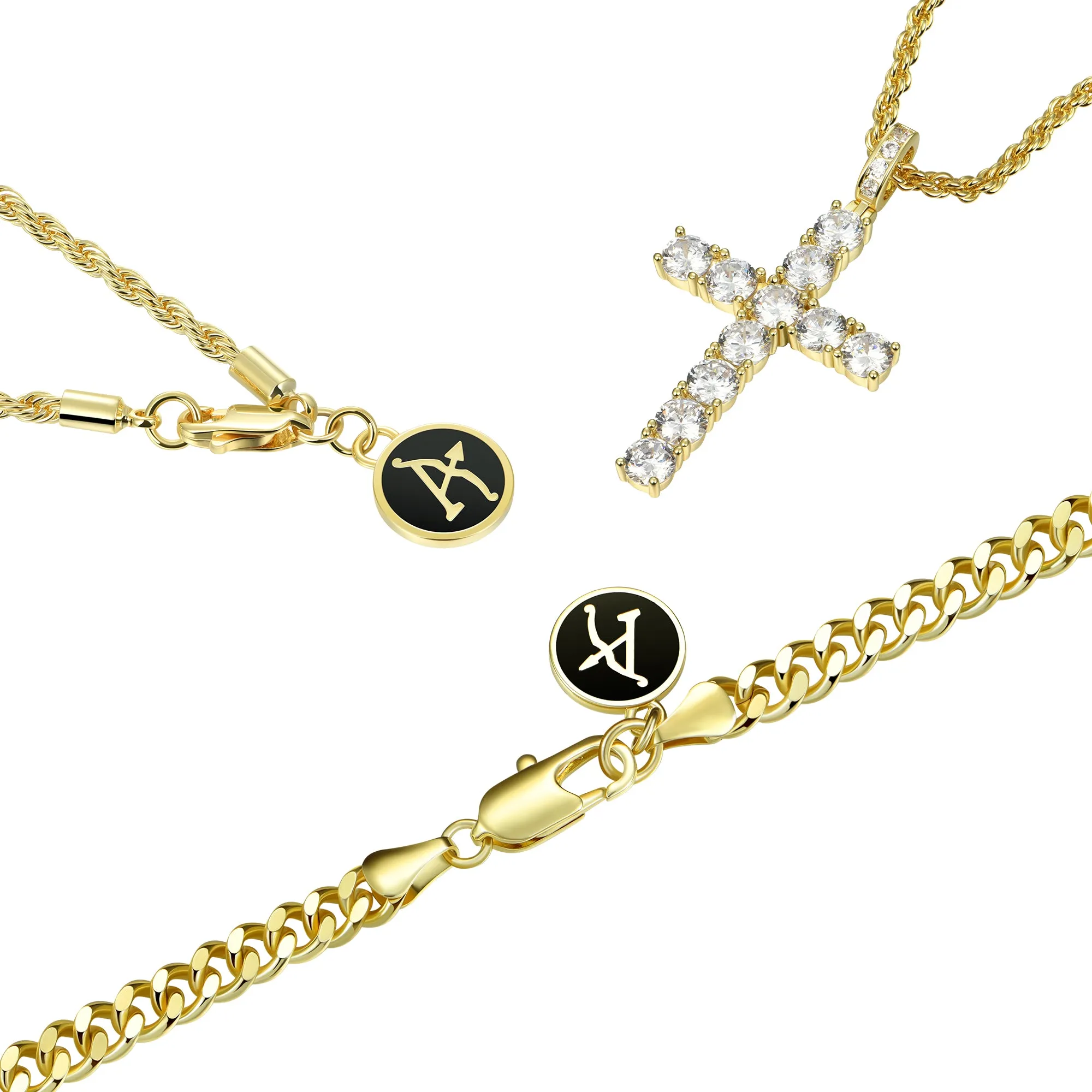 2.5mm Rope Chain + 5mm Cuban Link Chain + Cross Pendant Bundle