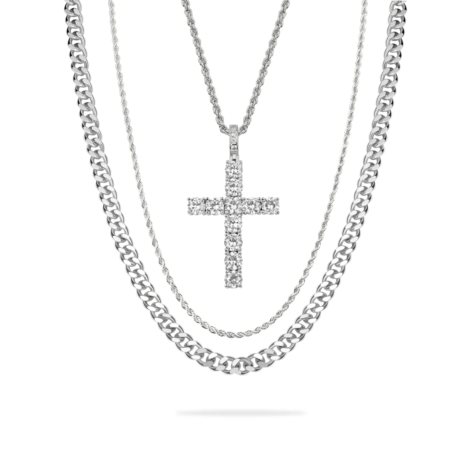 2.5mm Rope Chain + 5mm Cuban Link Chain + Cross Pendant Bundle