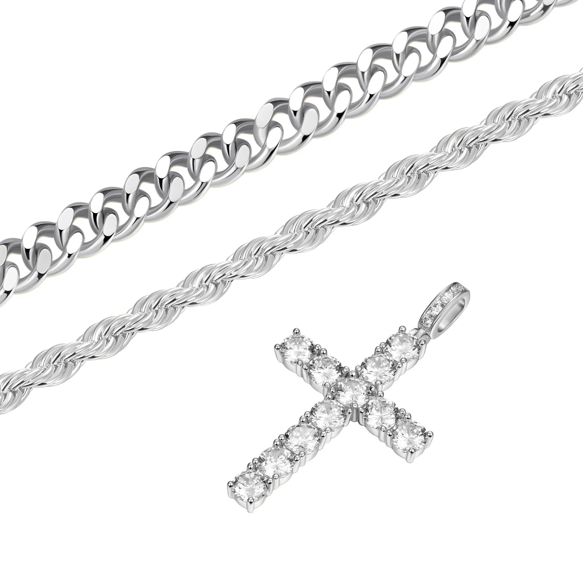 2.5mm Rope Chain + 5mm Cuban Link Chain + Cross Pendant Bundle