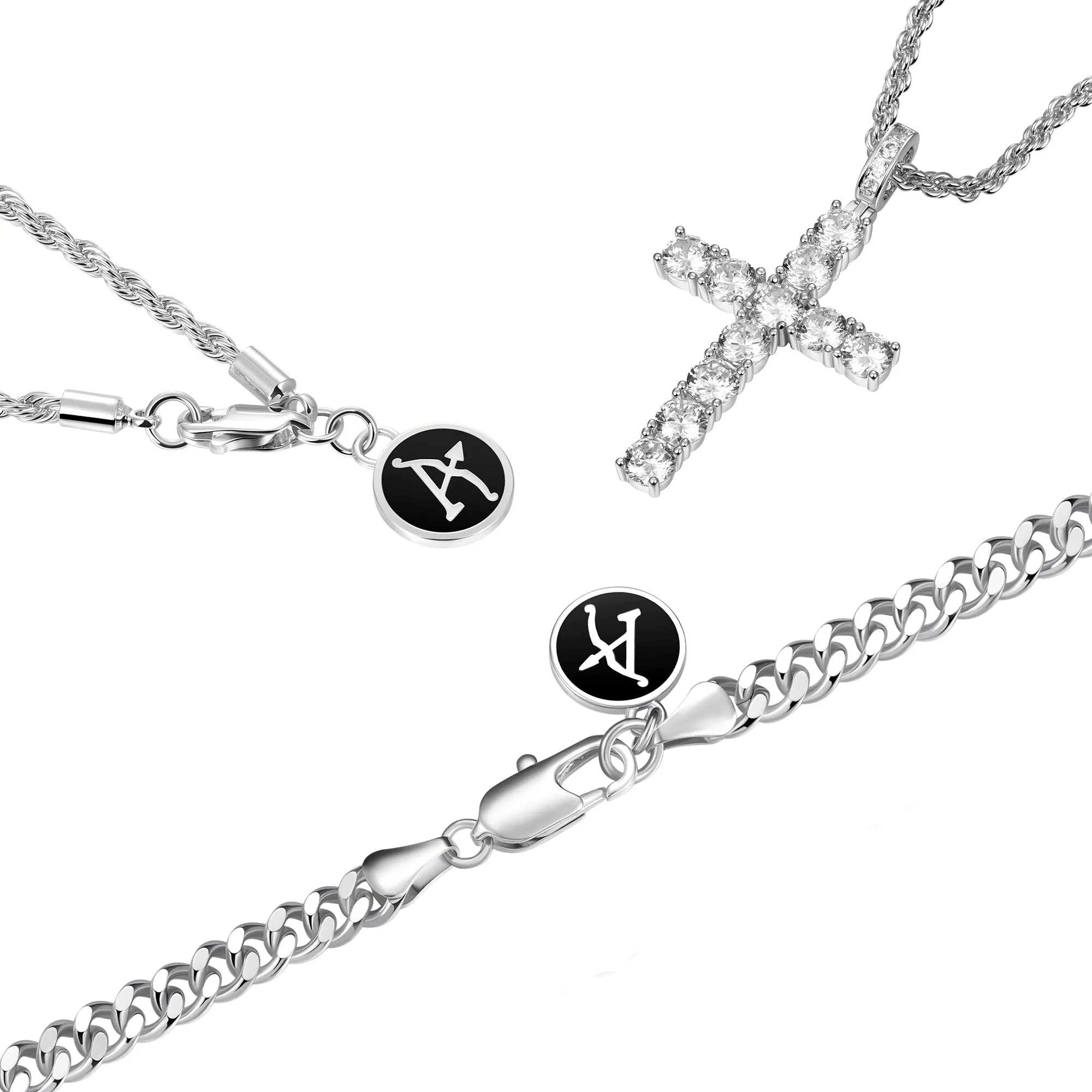 2.5mm Rope Chain + 5mm Cuban Link Chain + Cross Pendant Bundle