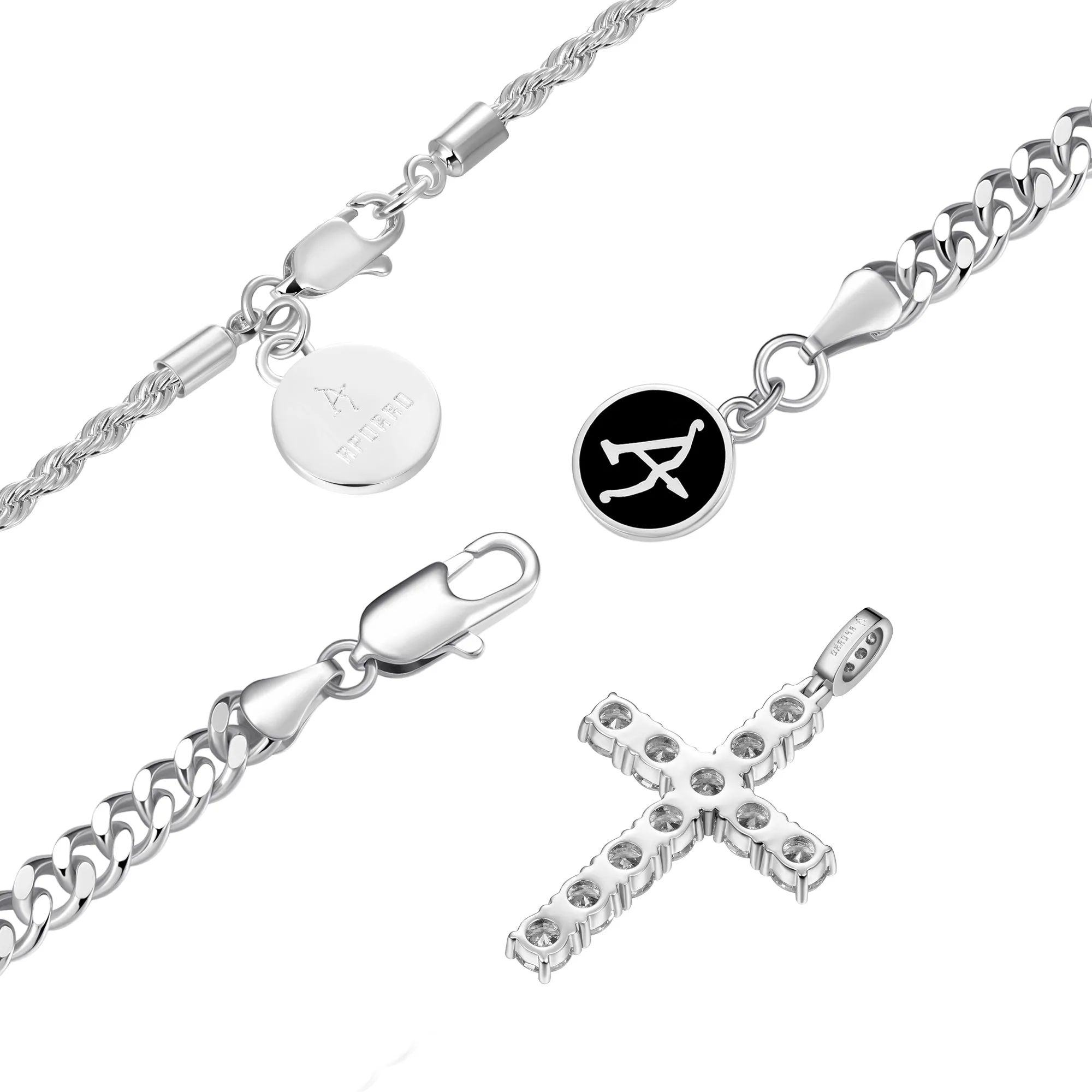 2.5mm Rope Chain + 5mm Cuban Link Chain + Cross Pendant Bundle