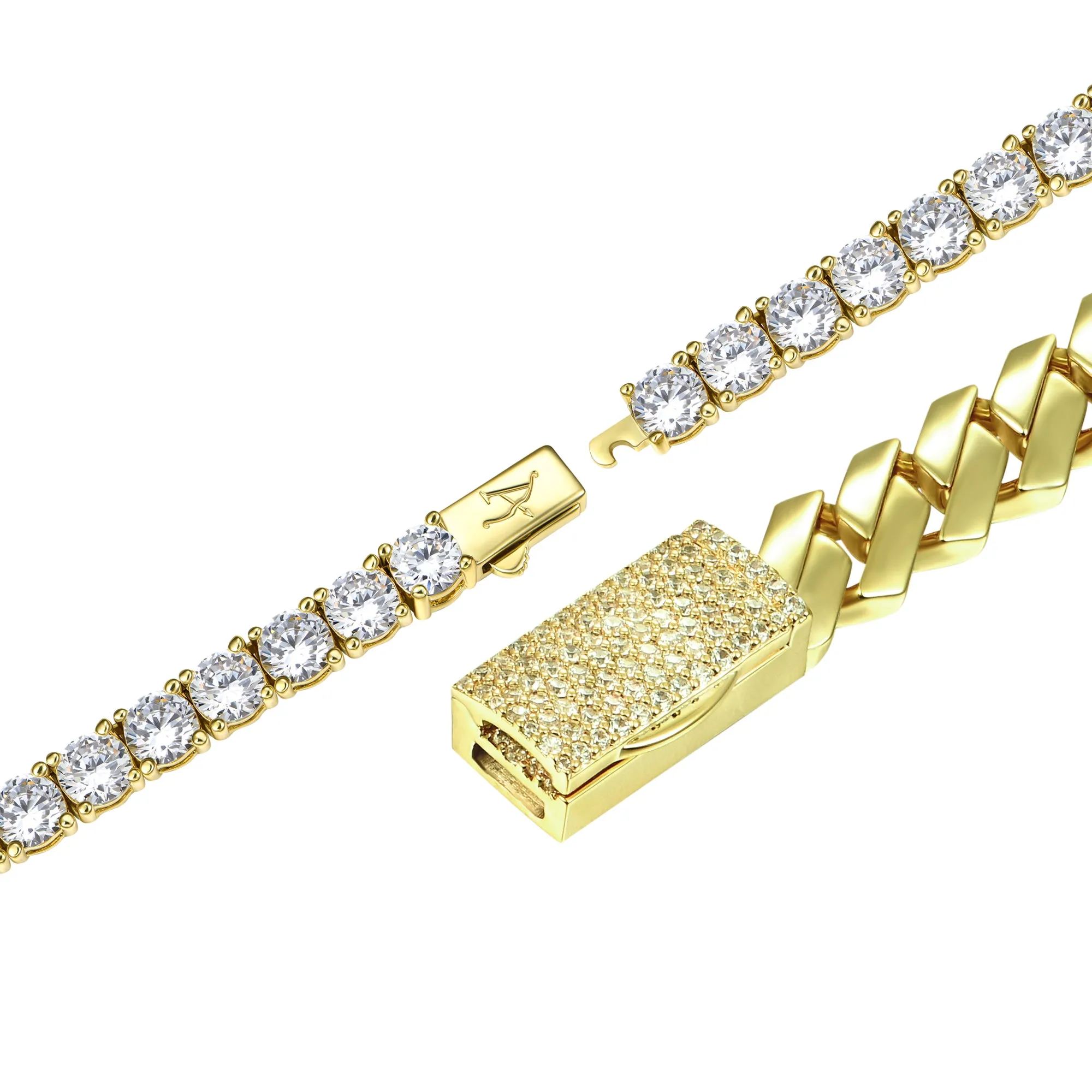 8mm Plain Gold Prong Cuban Chain + 3mm Iced Tennis Chain Bundle