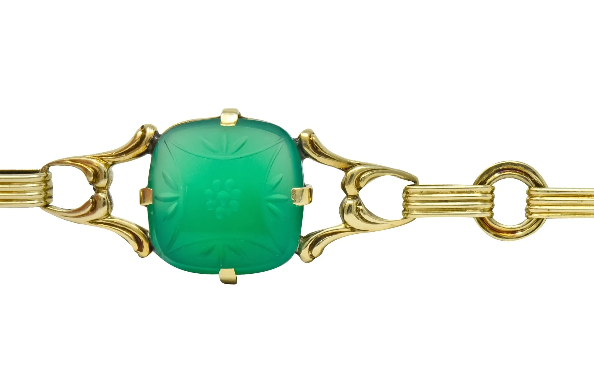 Art Deco 1930's Carved Green Onyx Intaglio 14 Karat Gold Floral Link Bracelet