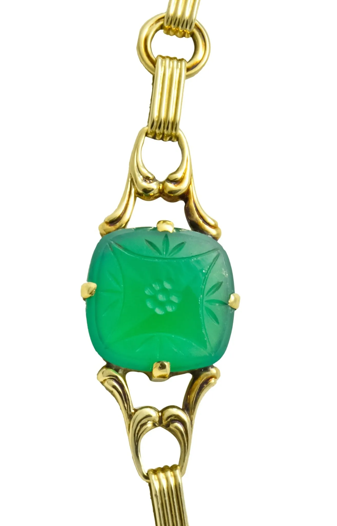 Art Deco 1930's Carved Green Onyx Intaglio 14 Karat Gold Floral Link Necklace