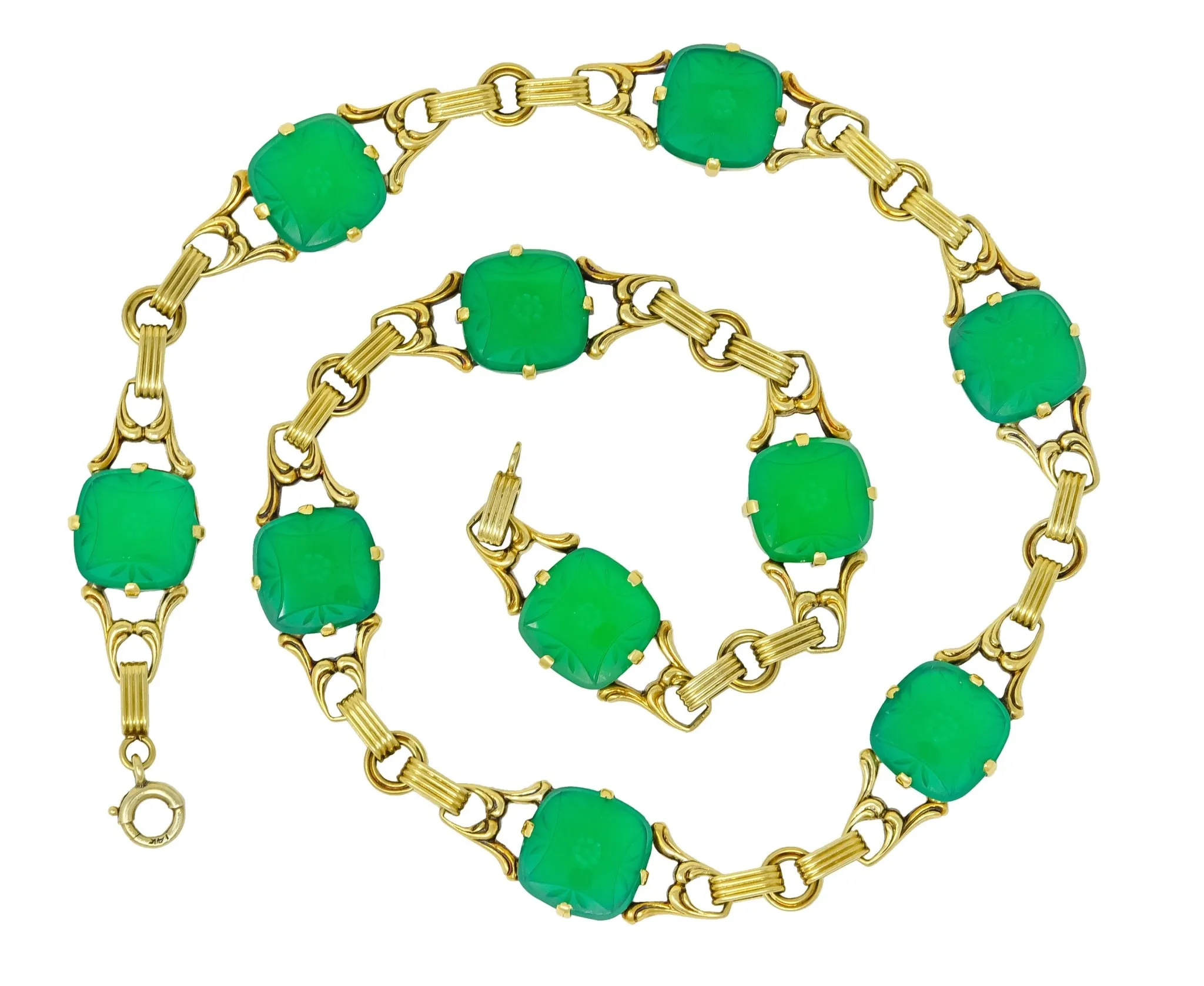 Art Deco 1930's Carved Green Onyx Intaglio 14 Karat Gold Floral Link Necklace