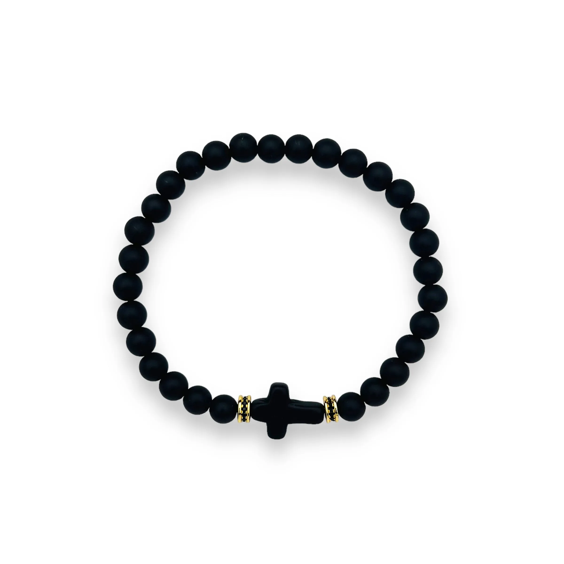 Black Matte Onyx Stone Bracelet, Black Cross Gold with Black Zirconia