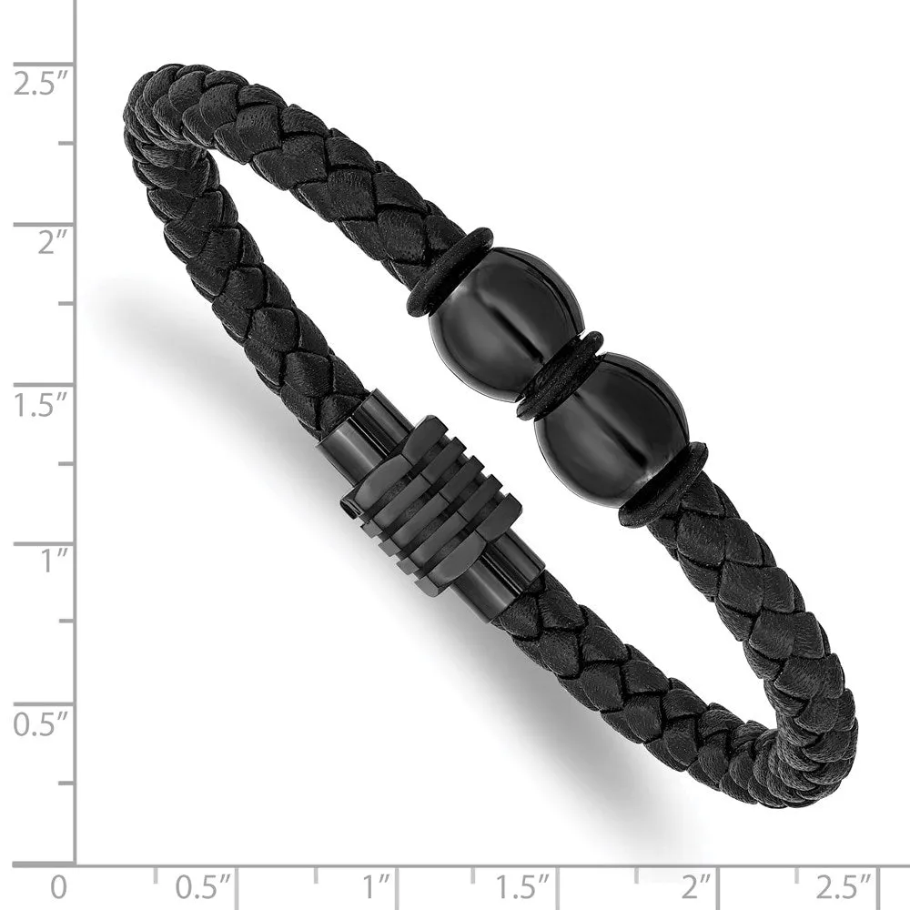 Black Plated Stainless Steel Black Leather & Rubber Bracelet, 8.25 In