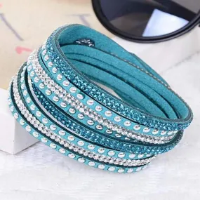 Blue, Red, or White Leather Wrap Crystal Studded Bracelet