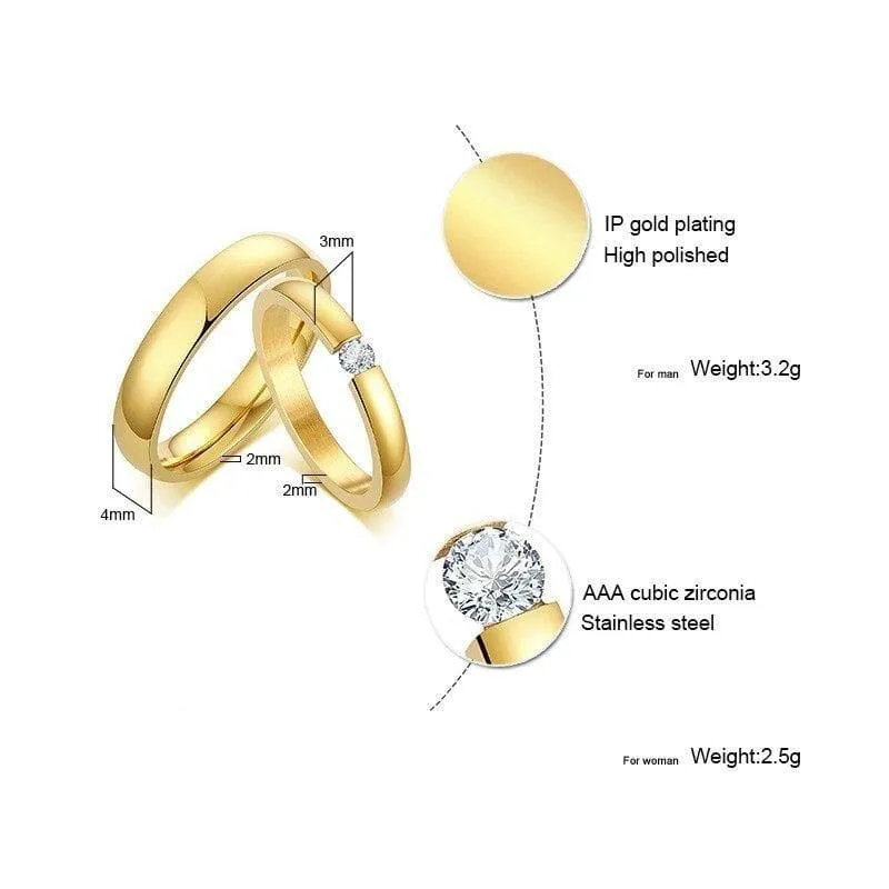 Classic Golden Promise Rings for Couples with Zirconia