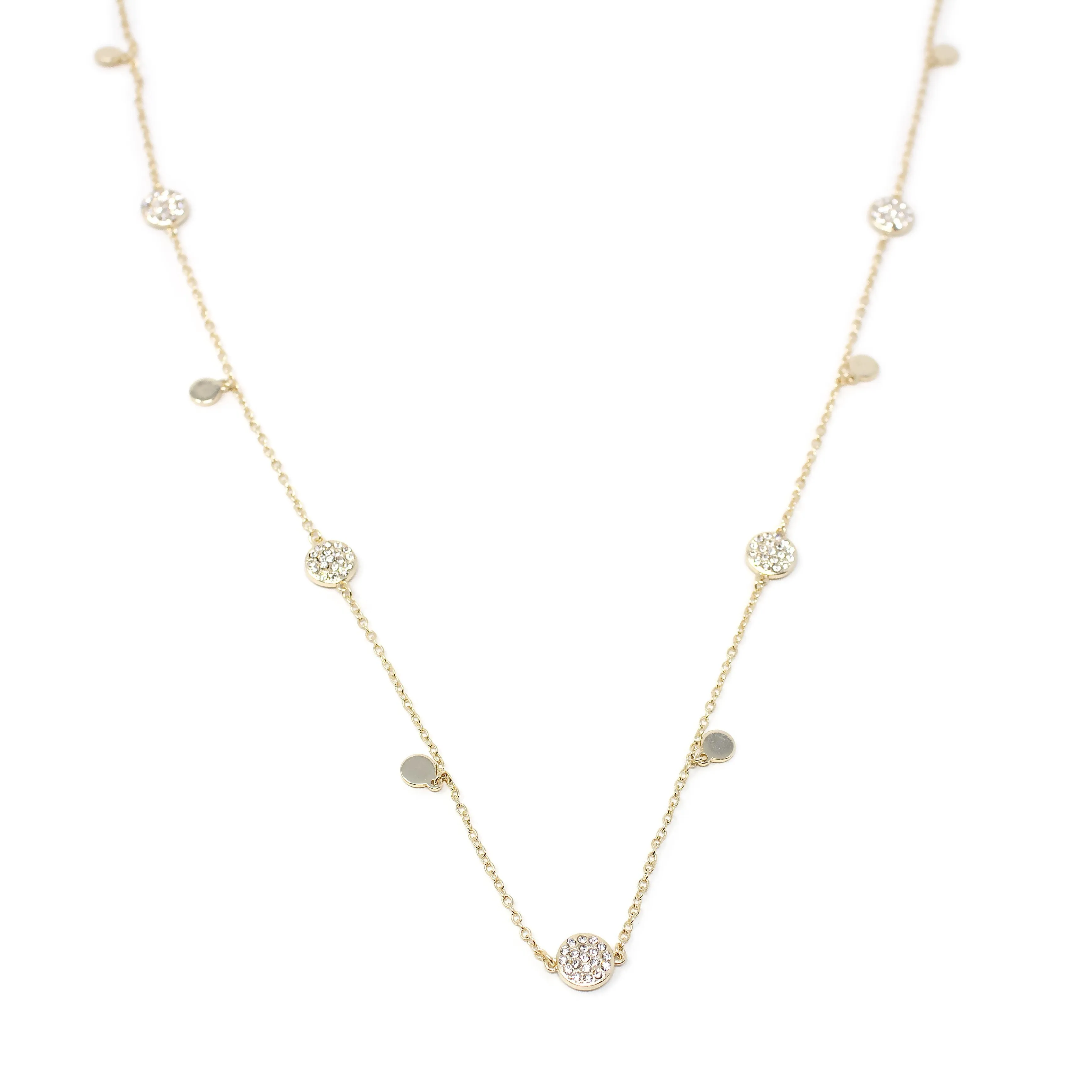 CZ Pave Round Station Necklace Gold Tone