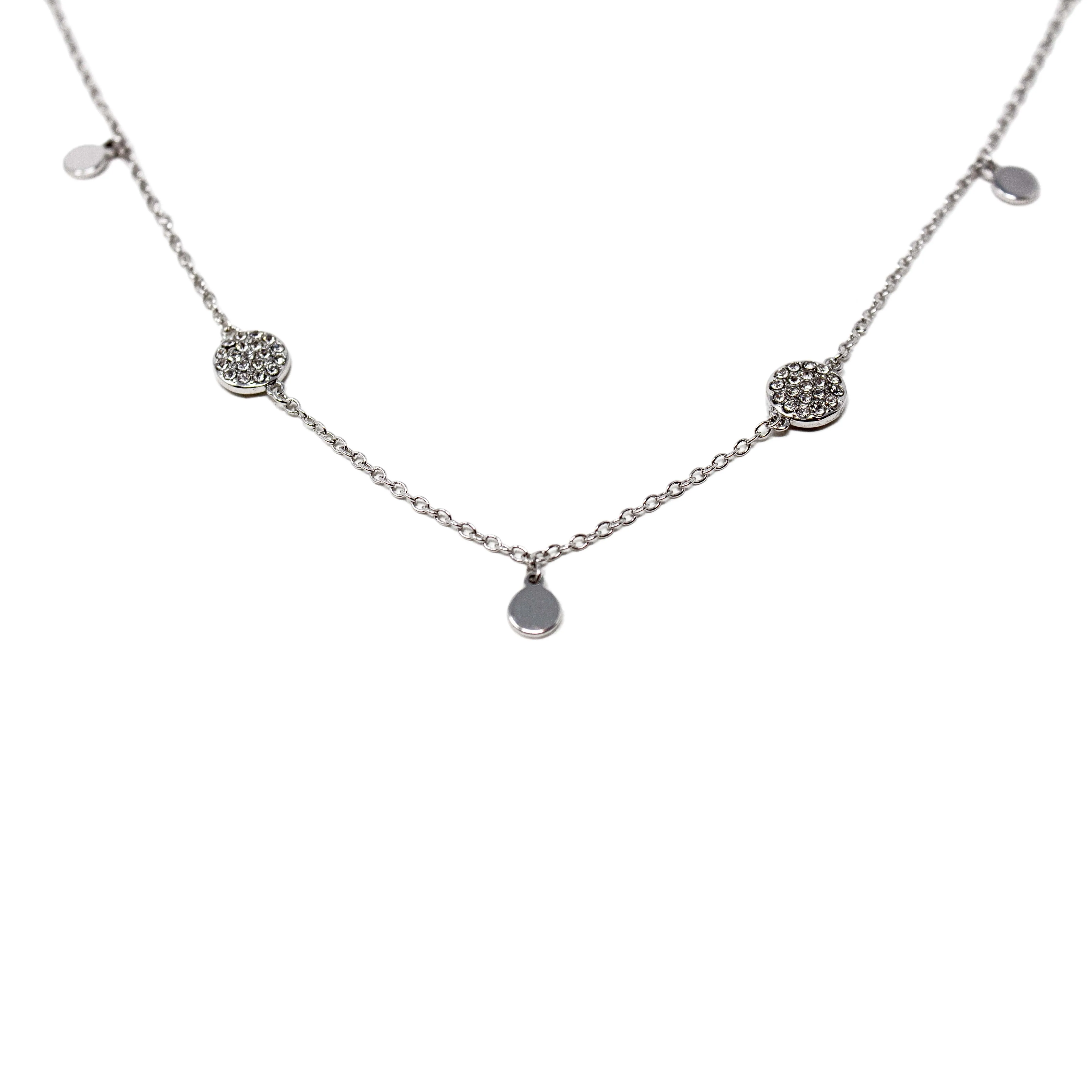 CZ Pave Round Station Necklace Rhodium Plated