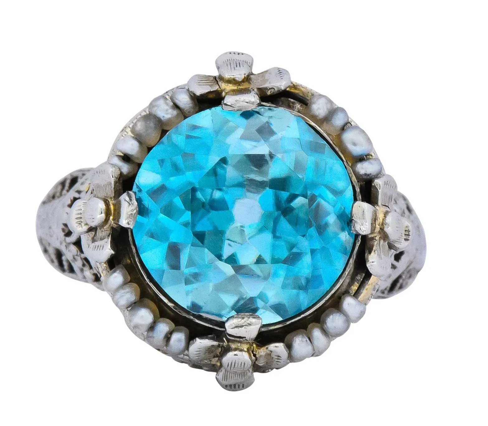 Edwardian 5.00 CTW Blue Zircon Seed Pearl 18 Karat White Gold Ring