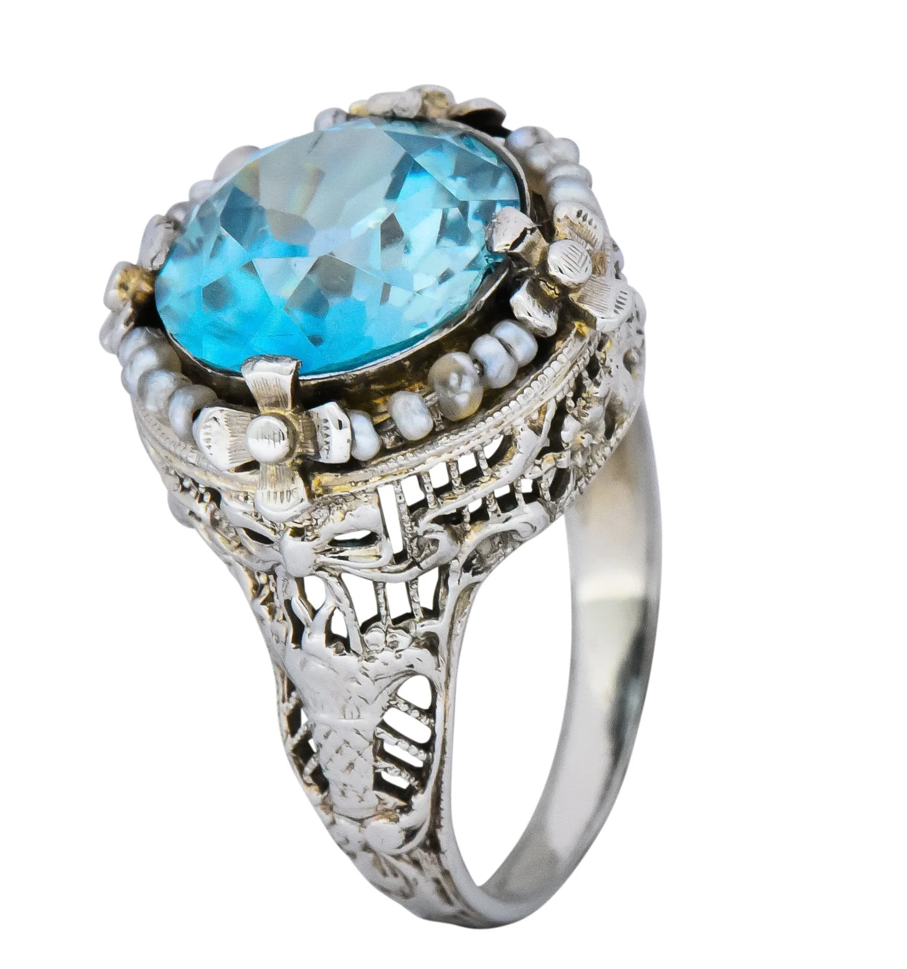 Edwardian 5.00 CTW Blue Zircon Seed Pearl 18 Karat White Gold Ring