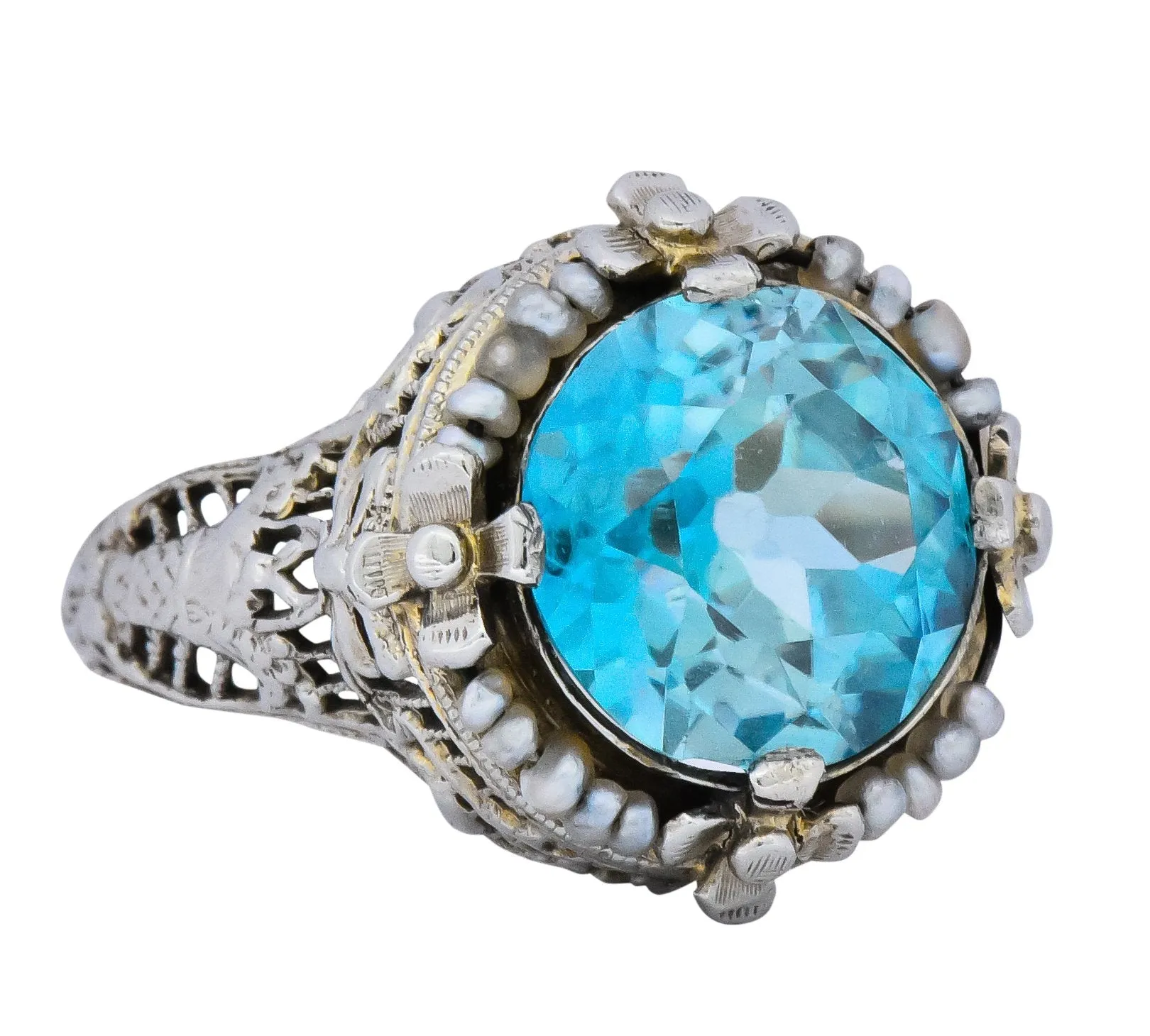 Edwardian 5.00 CTW Blue Zircon Seed Pearl 18 Karat White Gold Ring