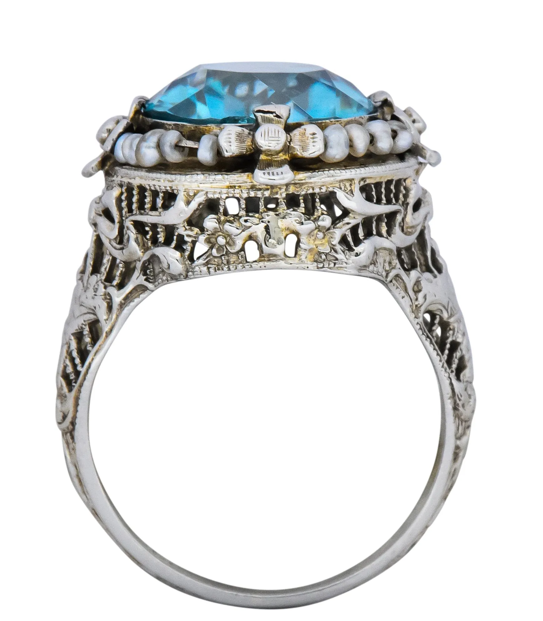 Edwardian 5.00 CTW Blue Zircon Seed Pearl 18 Karat White Gold Ring