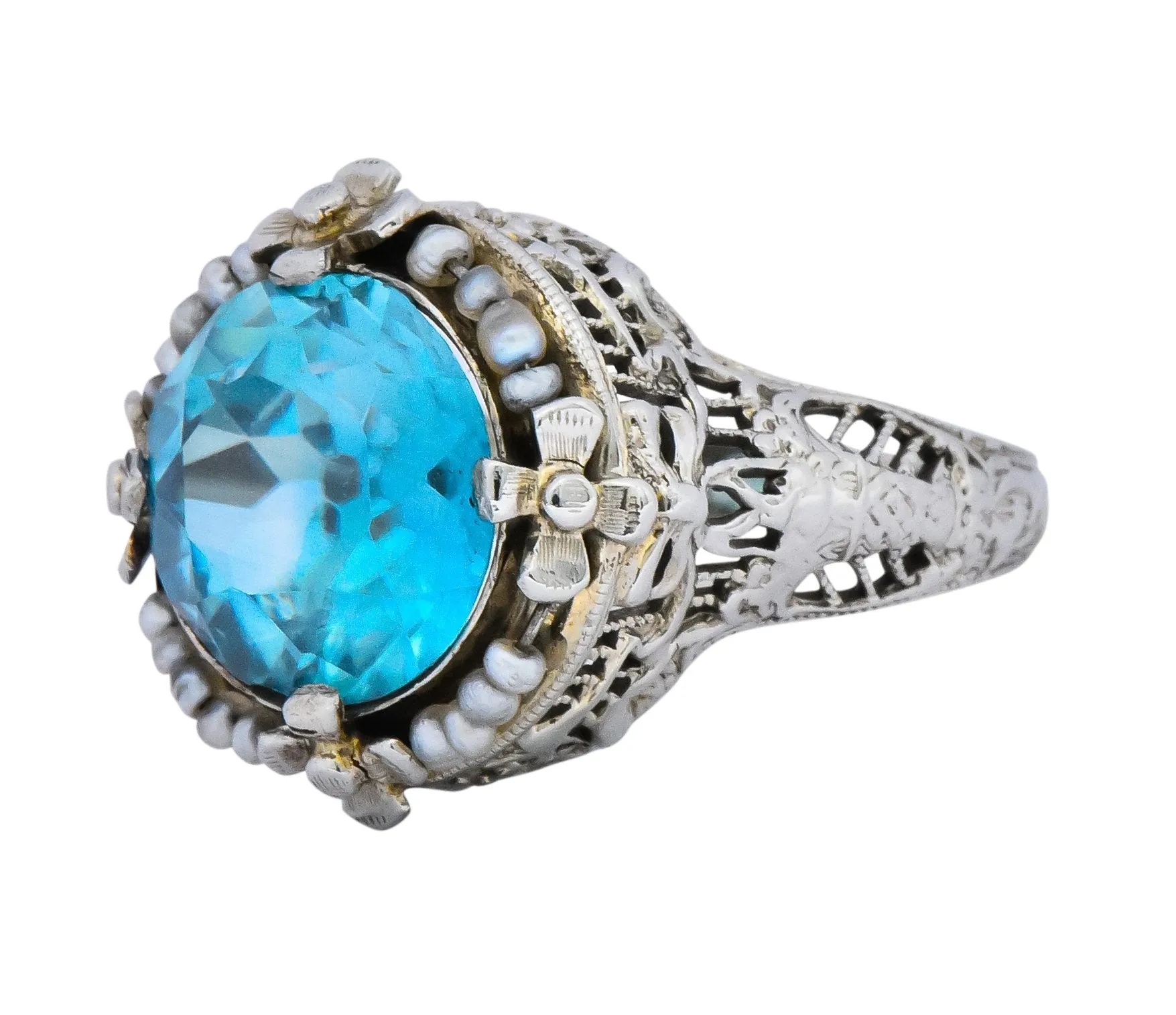 Edwardian 5.00 CTW Blue Zircon Seed Pearl 18 Karat White Gold Ring